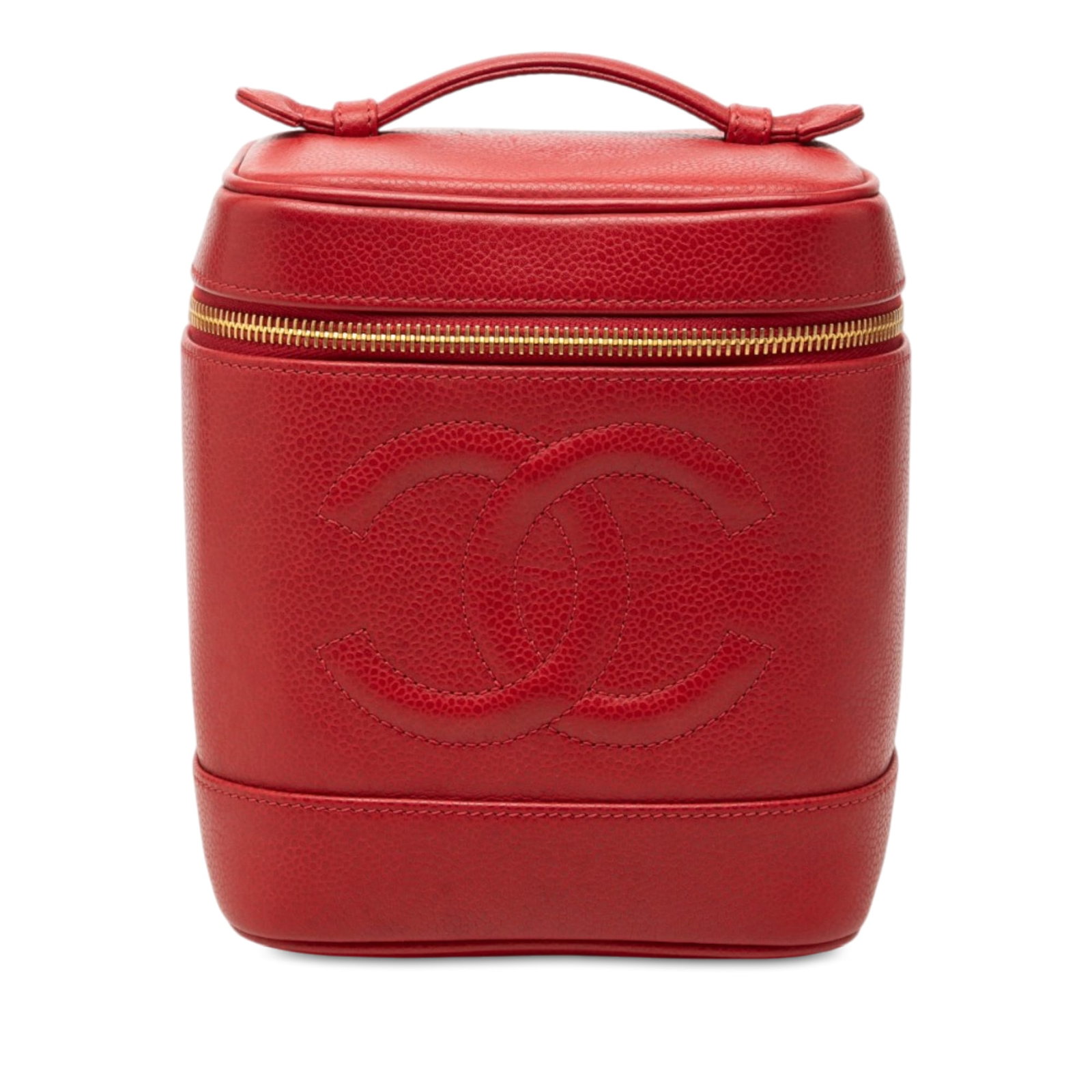 Chanel CC Vanity Bag in Red Caviar Leather: Chanel CC Vanity Bag in Red Caviar Leather Chanel CC Caviar Vanity Bag in red caviar leather with a structured silhouette, flat top handle, zip-around closure, and an interior slip pocket. Made in Fra