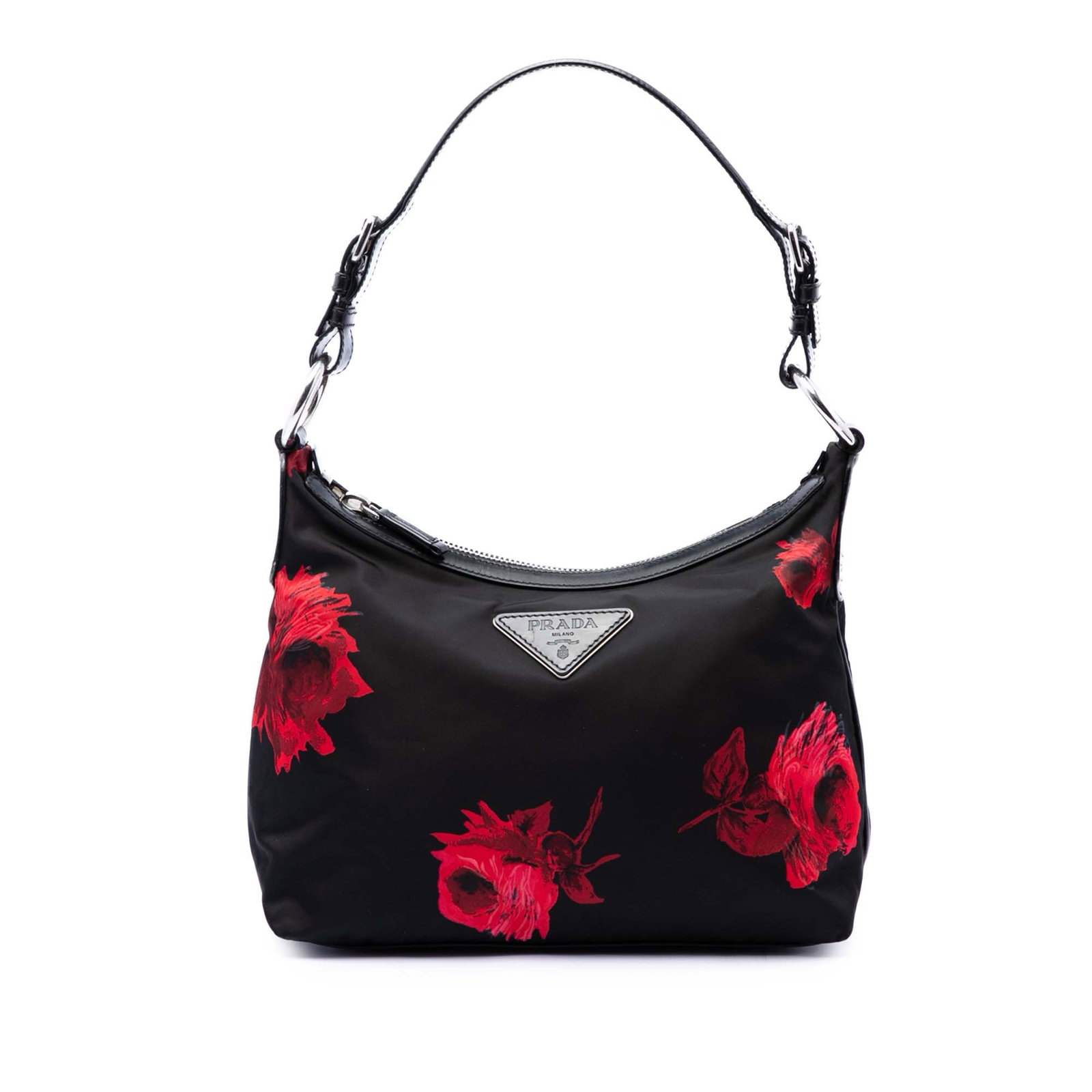 Prada Tessuto Stampato Rose Nylon Shoulder Bag Black: Prada Tessuto Stampato Rose Nylon Shoulder Bag Black Prada Tessuto Stampato Rose shoulder bag crafted with a printed nylon body and leather trim. It features a flat leather shoulder strap, top zip clo