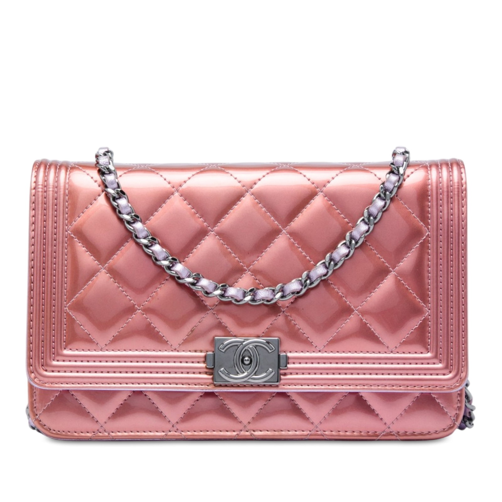Chanel Boy Wallet on Chain pink quilted patent leather crossbody: Chanel Boy Wallet on Chain pink quilted patent leather crossbody Chanel Boy Wallet on Chain in pink bicolor quilted metallic patent leather. This crossbody bag features a leather-woven chain shoulder 