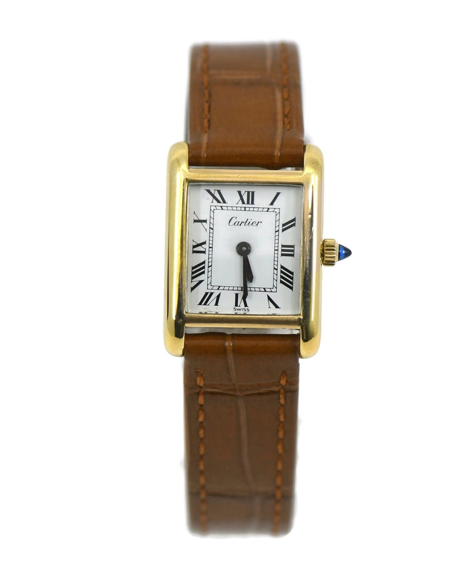 Cartier Tank Women's Quartz Wristwatch Gold Plated 20X28MM: Cartier Tank Women's Quartz Wristwatch Gold Plated 20X28MM Pre-owned Cartier Tank wristwatch with a classic analog display and quartz movement. This women's watch features a white dial, a brown leathe