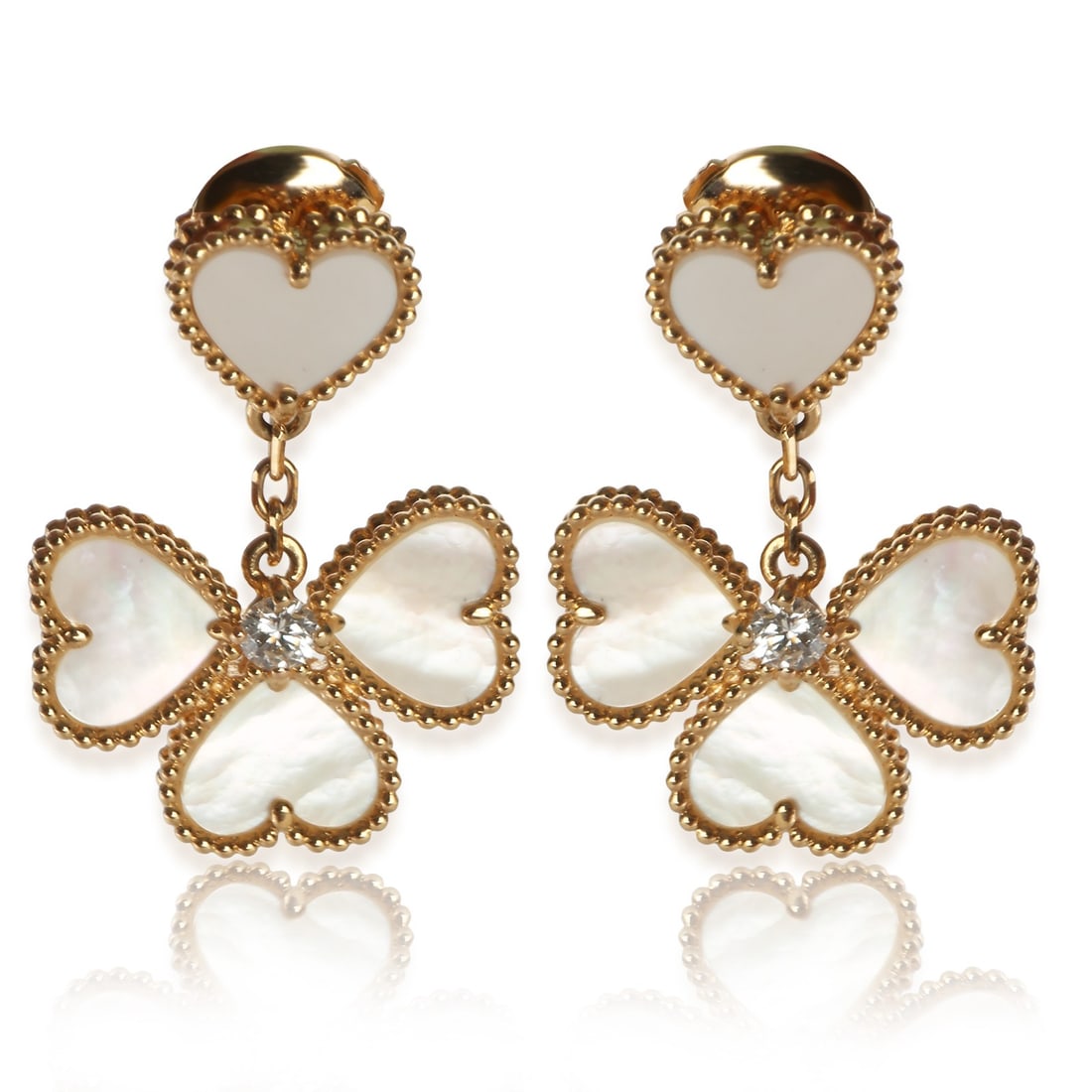 Van Cleef Arpels Sweet Hearts 18k Yellow Gold MOP Diamond Earrings: Van Cleef Arpels Sweet Hearts 18k Yellow Gold MOP Diamond Earrings Elegant Van Cleef & Arpels Sweet Hearts earrings crafted in 18k yellow gold, featuring mother of pearl accented by round brilliant di