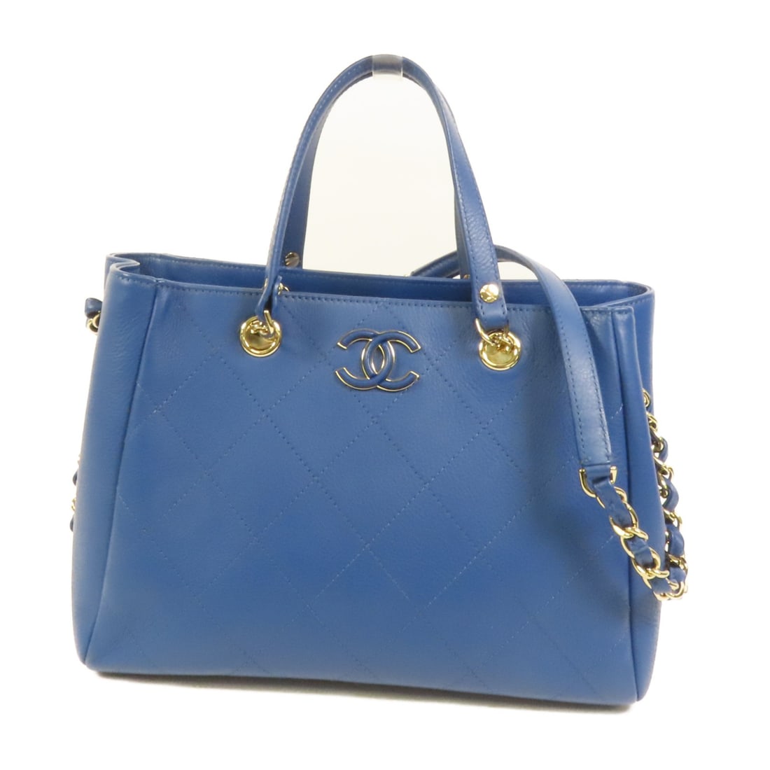 CHANEL CC 2Way Shoulder Bag Blue Calfskin with GHW Chain: CHANEL CC 2Way Shoulder Bag Blue Calfskin with GHW Chain Chanel CC chain shoulder bag in blue calfskin leather with a 2-way design. This women's bag features a magnetic pocket and an interior with one