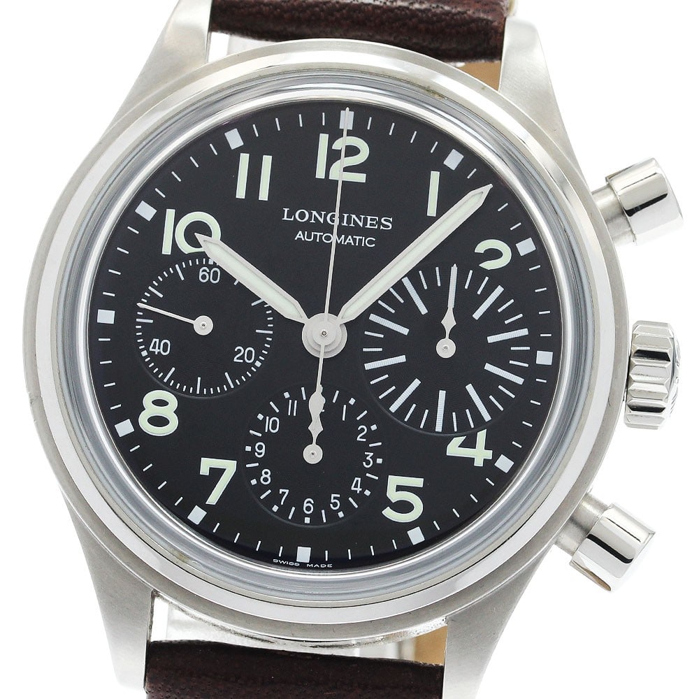 Longines Avigation Big Eye mens chronograph watch ref L2.816.4: Longines Avigation Big Eye mens chronograph watch ref L2.816.4 Longines Avigation Big Eye chronograph men's wristwatch with a black dial, automatic movement, and stainless steel case. This watch featu