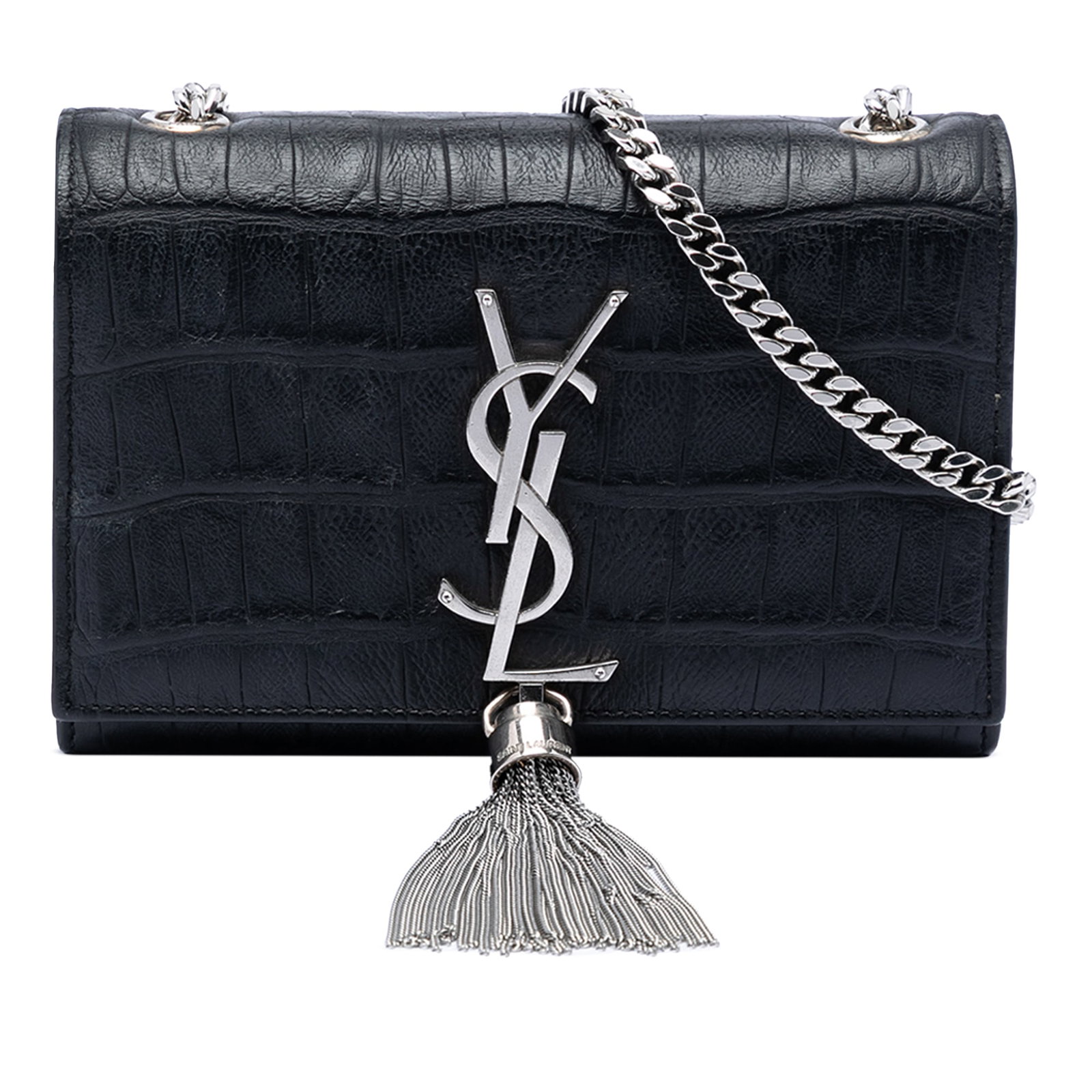 Saint Laurent Kate Small Black Croc Embossed Leather Crossbody Bag: Saint Laurent Kate Small Black Croc Embossed Leather Crossbody Bag A Saint Laurent Small Croc Embossed Leather Monogram Kate Tassel Crossbody in black leather. This crossbody bag features a tassel det