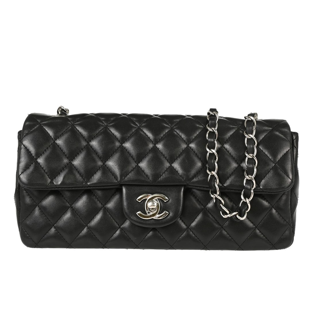 CHANEL East West Medium Lambskin Flap Shoulder Bag Black: CHANEL East West Medium Lambskin Flap Shoulder Bag Black Chanel East West shoulder bag in black lambskin with a flap turnlock closure and chain strap. This medium shoulder bag features one exterior po