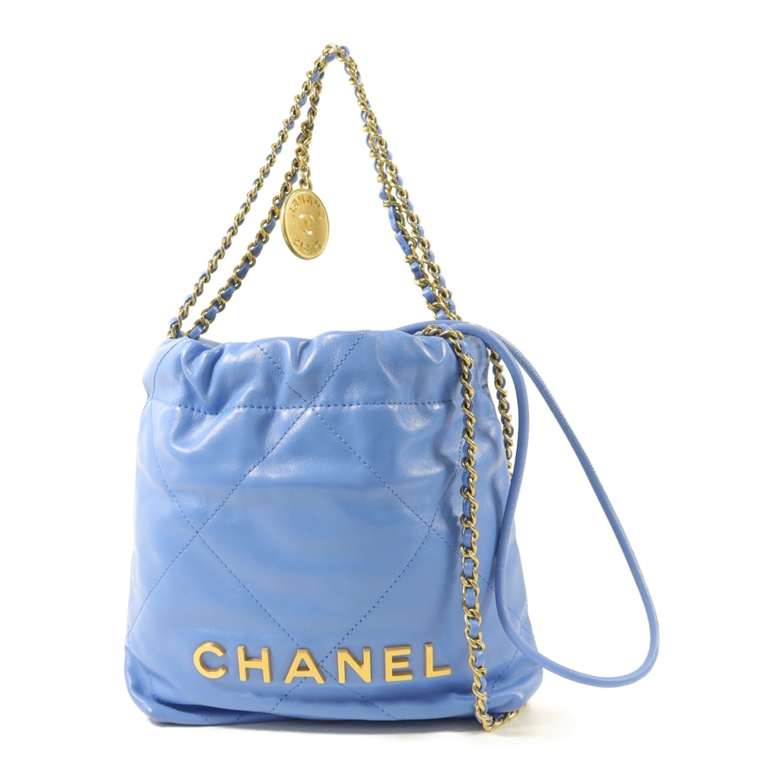 CHANEL Chanel 22 Mini 2 Way Shoulder Bag Blue Lambskin GHW: CHANEL Chanel 22 Mini 2 Way Shoulder Bag Blue Lambskin GHW A CHANEL Chanel 22 Mini 2 Way Shoulder Bag in blue lambskin (sheep leather) with gold-tone hardware. Designed for women, this bag features a 