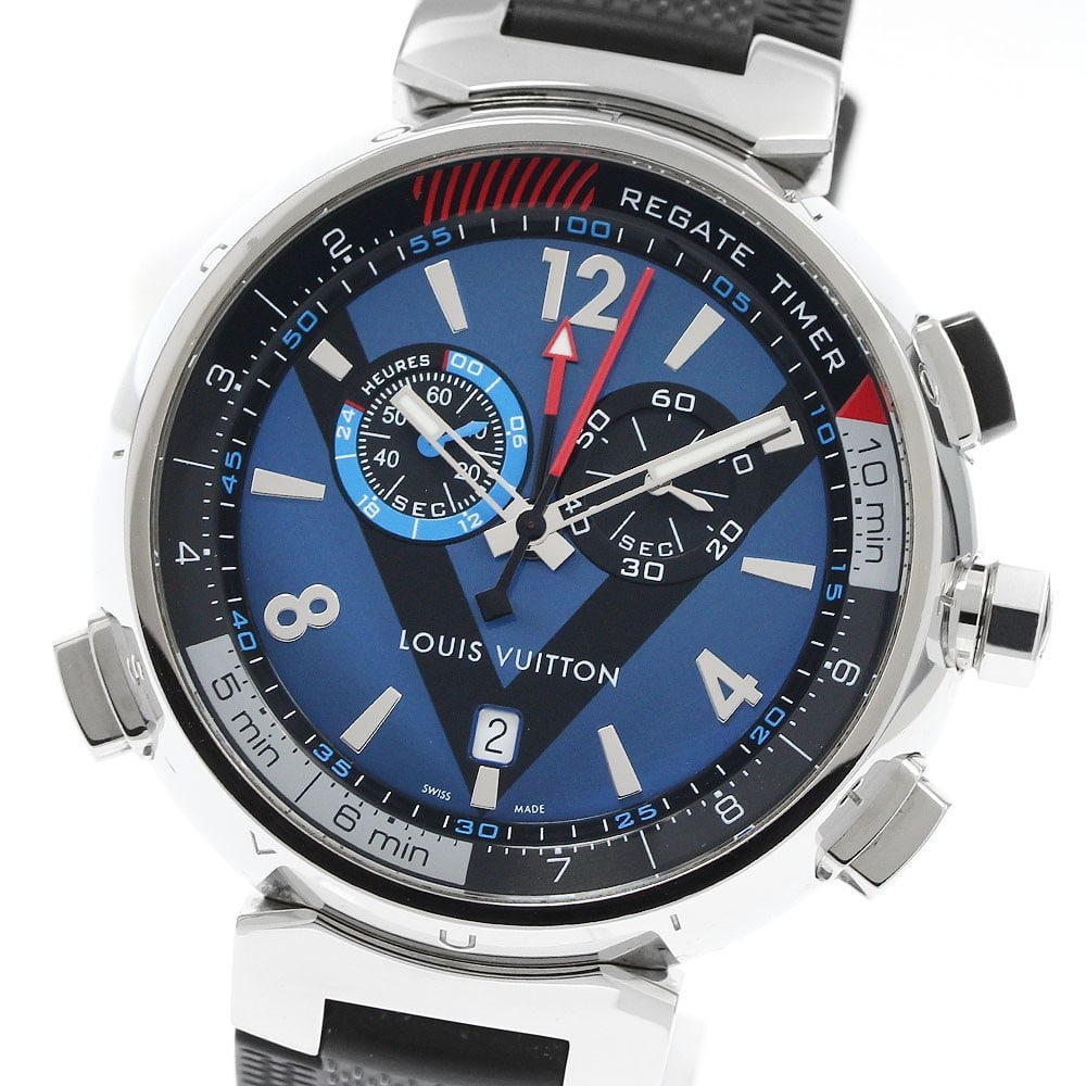 Louis Vuitton Tambour Regatta Q102D mens quartz chronograph alarm watch: Louis Vuitton Tambour Regatta Q102D mens quartz chronograph alarm watch Louis Vuitton Tambour Regatta men's wristwatch with quartz movement and a blue dial. This chronograph alarm model features date,