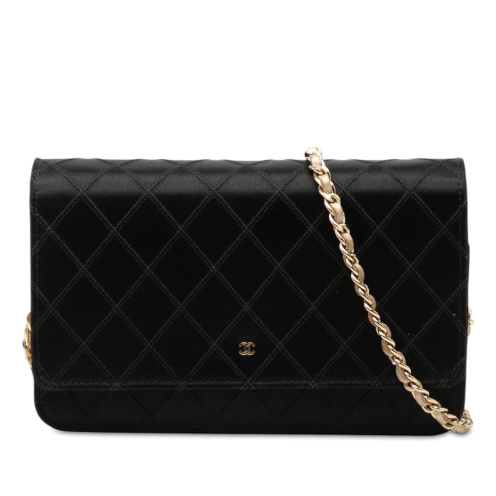 Chanel Diamond Stitch Bicolor Satin Wallet on Chain Bag: Chanel Diamond Stitch Bicolor Satin Wallet on Chain Bag A Chanel Wallet on Chain in black bicolor quilted satin with leather trim. This compact shoulder bag features a leather-woven chain strap, front