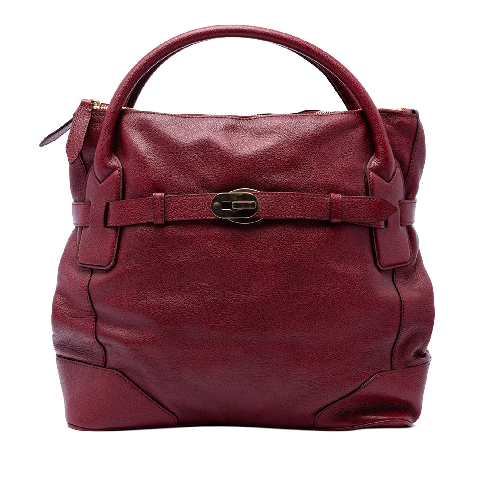 Burberry Bartow Red Leather Satchel Bag: Burberry Bartow Red Leather Satchel Bag Burberry Bartow satchel in red leather with rolled leather handles, dual top-zip compartments, and interior zip and slip pockets. This bag shows visible wear co
