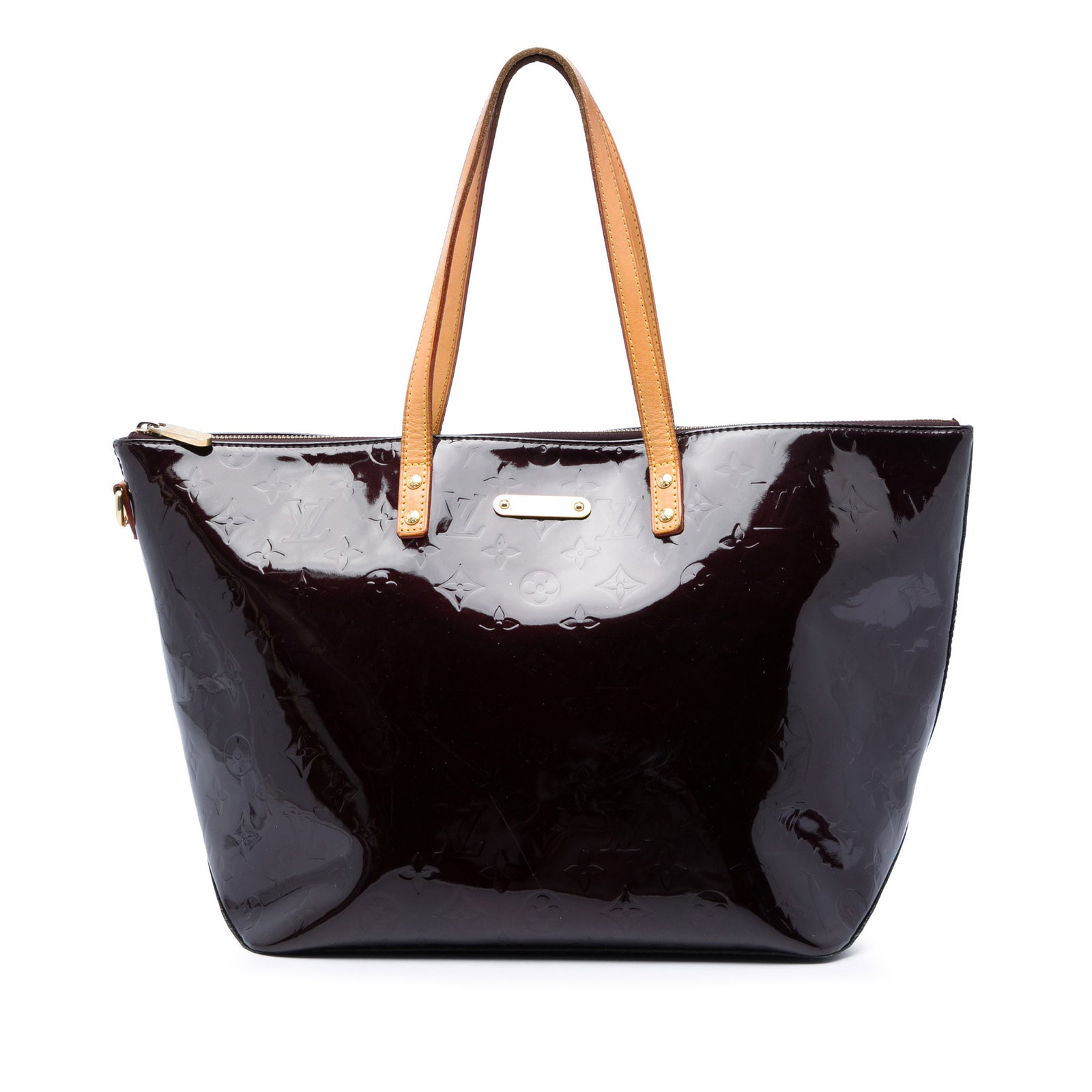 Louis Vuitton Bellevue GM Monogram Vernis Leather Shoulder Bag: Louis Vuitton Bellevue GM Monogram Vernis Leather Shoulder Bag Louis Vuitton Monogram Vernis Bellevue GM handbag in purple leather with flat vachetta leather shoulder straps, a top zip closure, and in