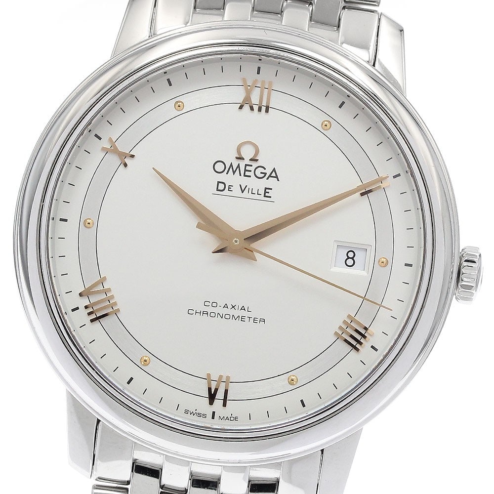 OMEGA De Ville Prestige Co-Axial Automatic Date Watch 424.10.40.20.02.002: OMEGA De Ville Prestige Co-Axial Automatic Date Watch 424.10.40.20.02.002 Omega De Ville Prestige Co-Axial wristwatch with automatic movement and date function. This men's watch features a silver dial