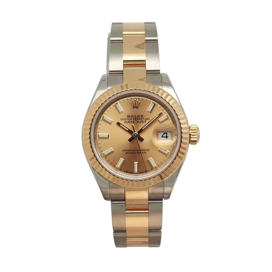 Rolex Lady Datejust 279173 Womens 28mm Champagne Dial Watch: Rolex Lady Datejust 279173 Womens 28mm Champagne Dial Watch Pre-owned Rolex Lady Datejust 28 ladies wristwatch with a champagne dial and fluted fixed bezel. This automatic watch is presented on a brac