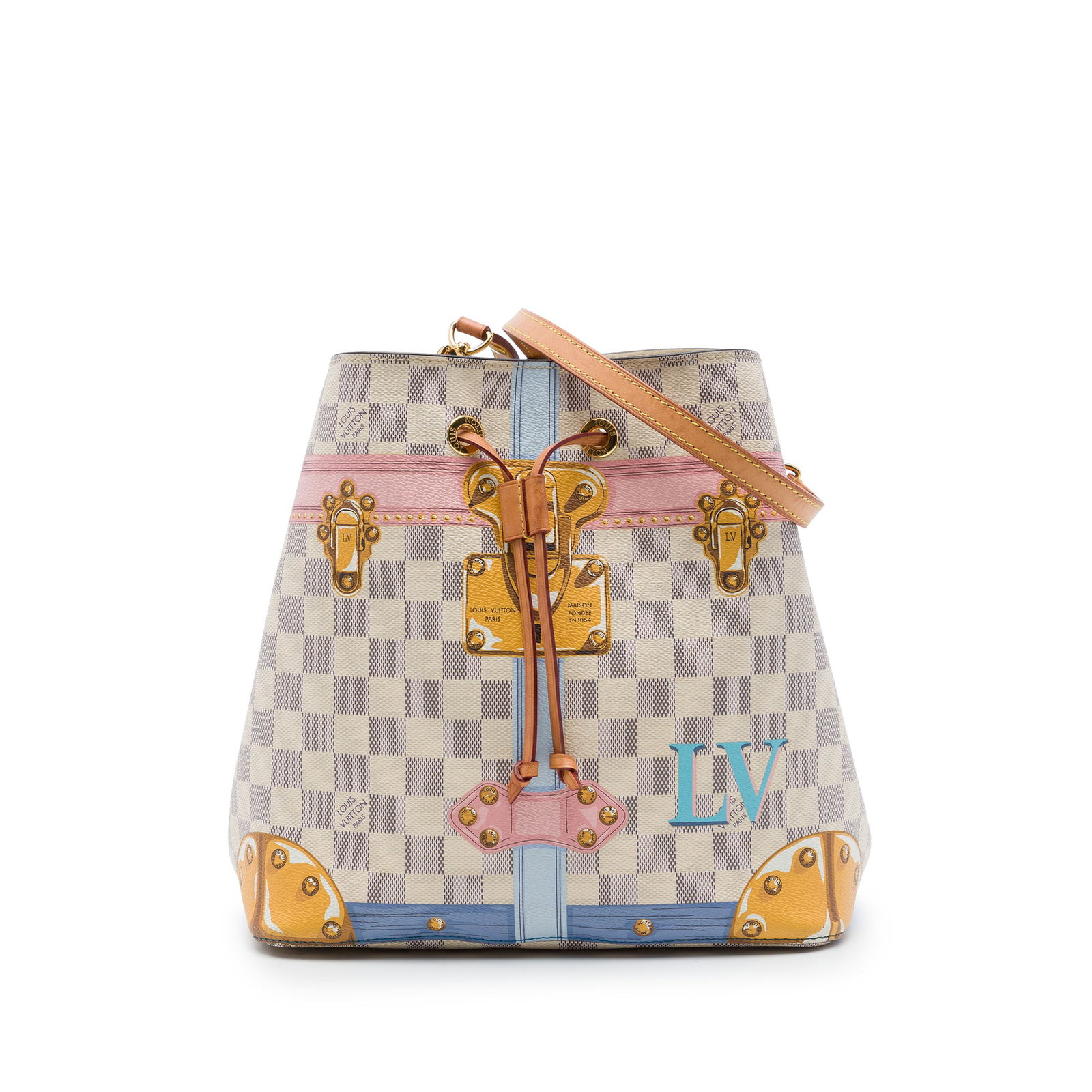 Louis Vuitton Neonoe Damier Azur Summer Trunks Bucket Bag: Louis Vuitton Neonoe Damier Azur Summer Trunks Bucket Bag The Louis Vuitton Damier Azur Summer Trunks Neonoe is a bucket-style bag with a printed Damier Azur canvas body, a flat vachetta leather shoul