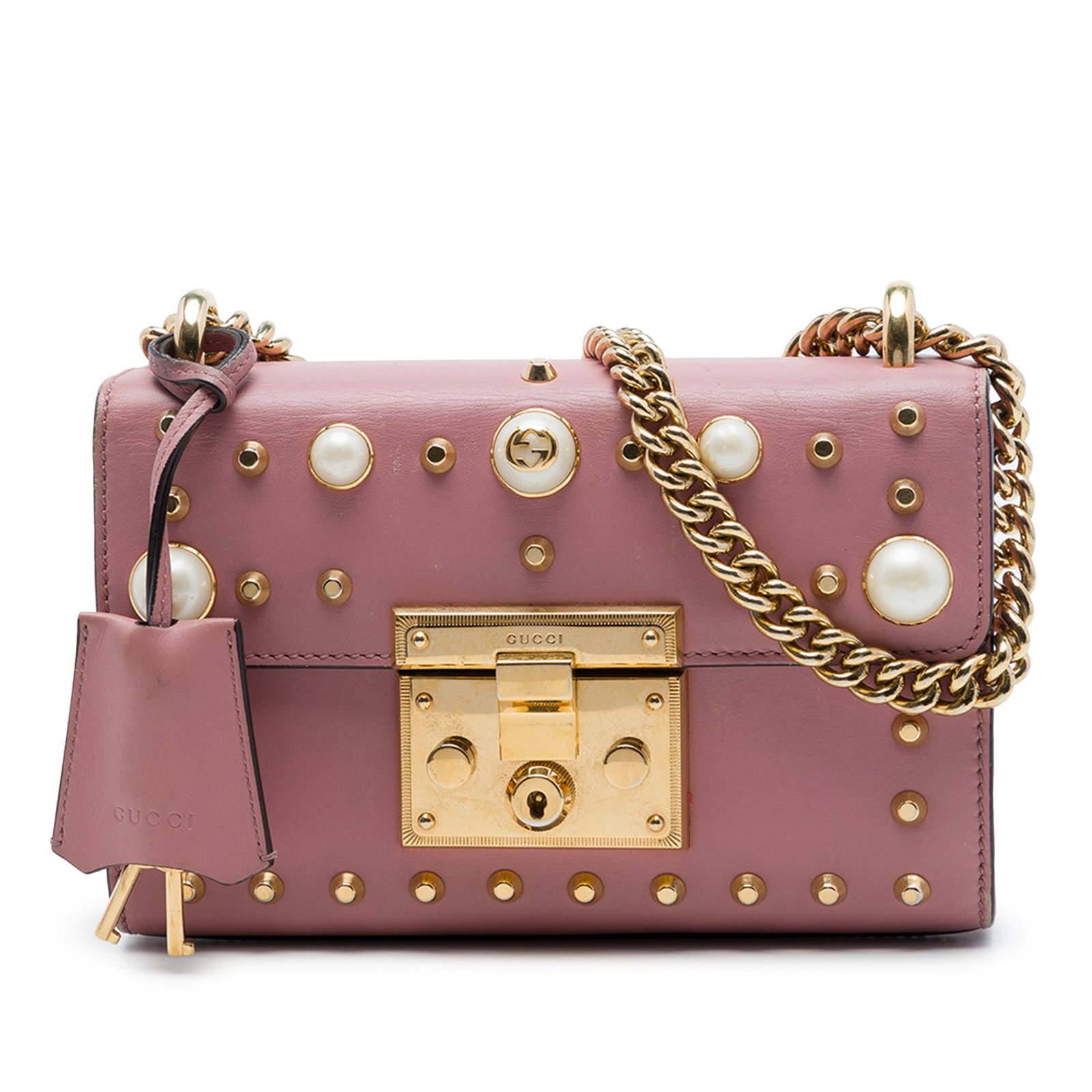 Gucci Padlock Small Crossbody Bag Pink Leather Faux Pearl Studded: Gucci Padlock Small Crossbody Bag Pink Leather Faux Pearl Studded Gucci Small Padlock crossbody bag in pink leather with faux pearl embellishments. It features a chain link shoulder strap, a front fla