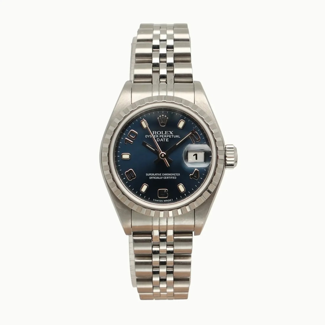 Rolex 79240 Oyster Perpetual Lady Date blue dial steel wristwatch: Rolex 79240 Oyster Perpetual Lady Date blue dial steel wristwatch Pre-owned Rolex Oyster Perpetual Lady Date wristwatch with a blue dial and stainless steel bracelet. This ladies' automatic watch was 