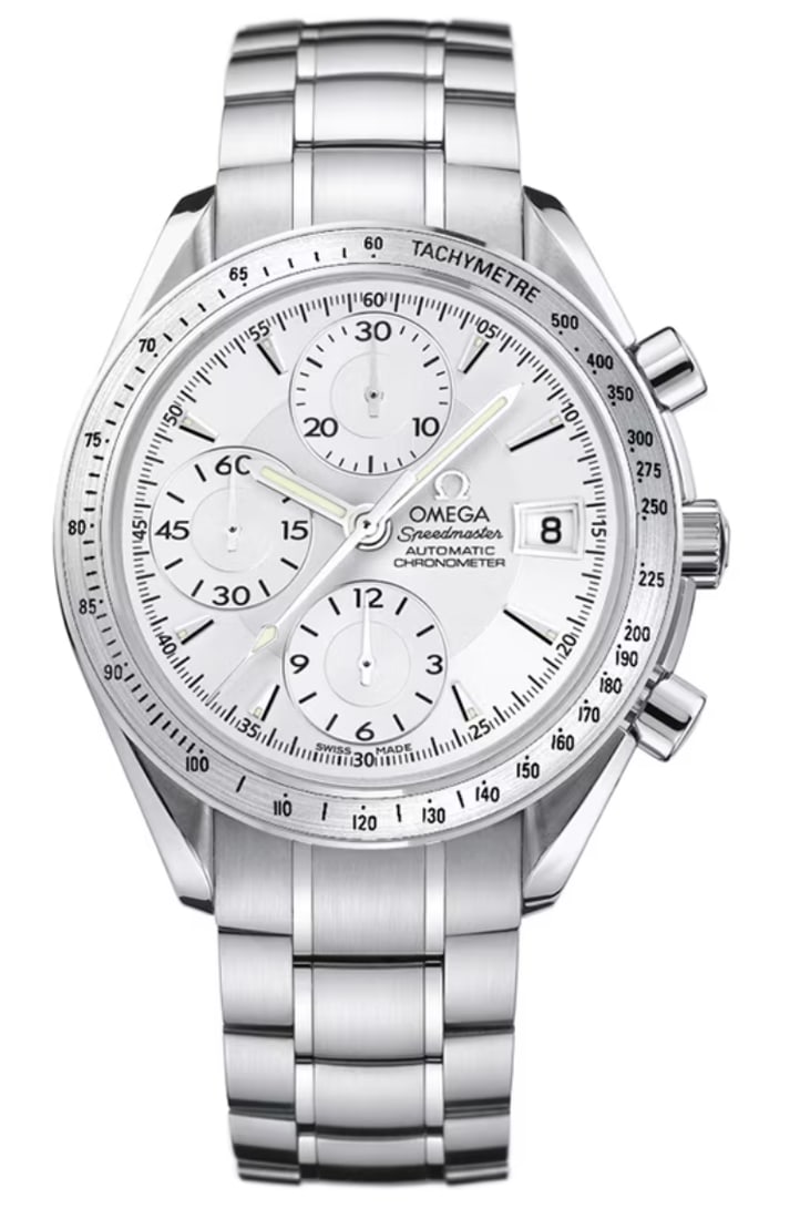 Omega Speedmaster Date Mens Watch Ref 3211.30 Silver Dial Steel Bracelet: Omega Speedmaster Date Mens Watch Ref 3211.30 Silver Dial Steel Bracelet Omega Speedmaster Date wristwatch featuring a silver dial, a fixed tachymetre bezel, and a stainless steel bracelet. Includes c