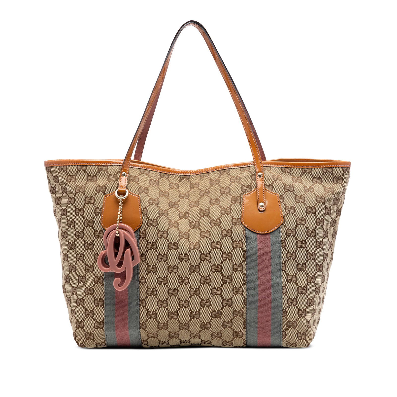 Gucci Jolie Web Tote in Beige GG Canvas: Gucci Jolie Web Tote in Beige GG Canvas Gucci Jolie tote bag in beige GG canvas with web detailing and flat patent leather straps. The open-top design includes interior zip pockets for organization. M