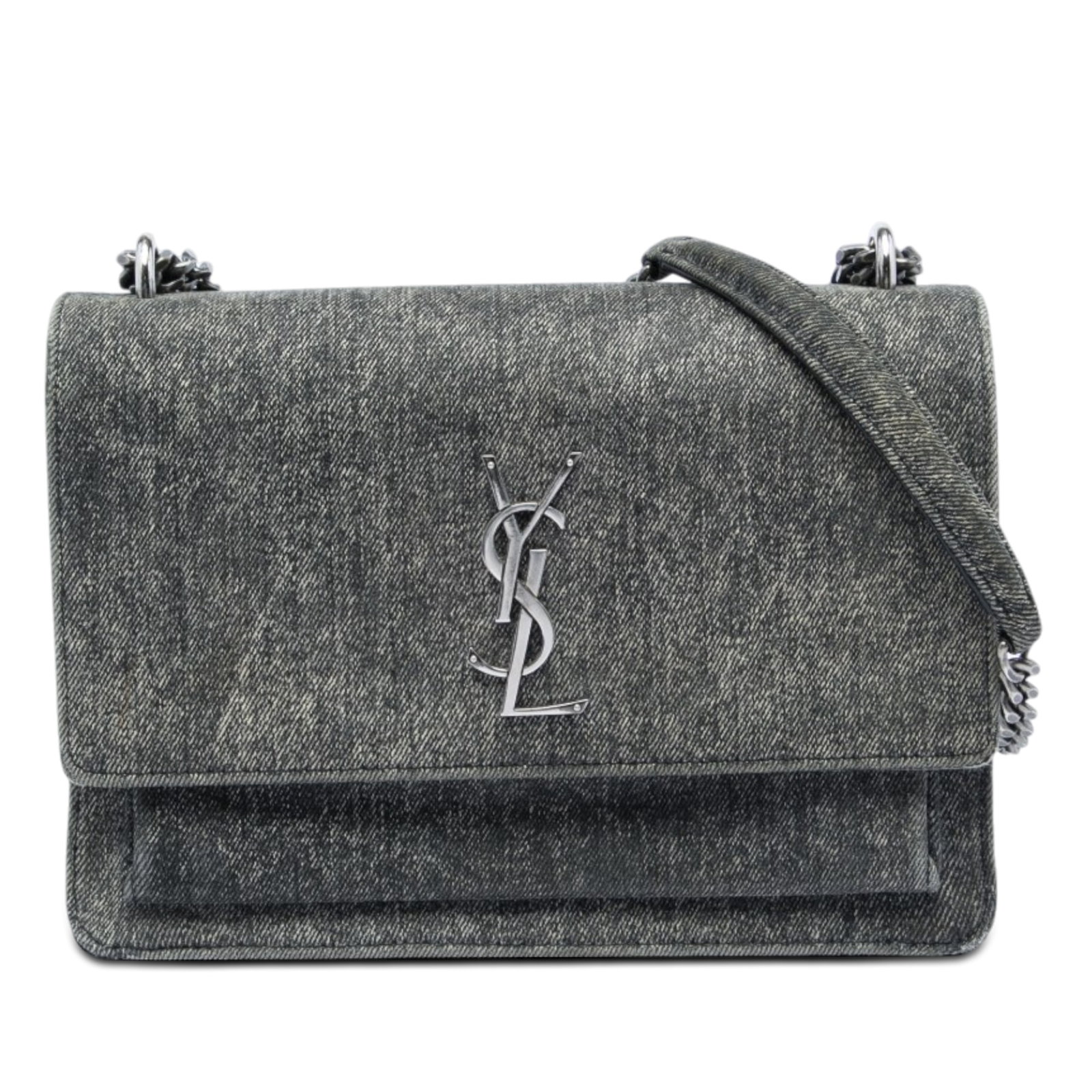 Saint Laurent Sunset Medium Monogram Denim Crossbody Bag: Saint Laurent Sunset Medium Monogram Denim Crossbody Bag A Saint Laurent Medium Denim Monogram Sunset Crossbody made in Italy. This bag features a gray denim body, a chain link shoulder strap with den