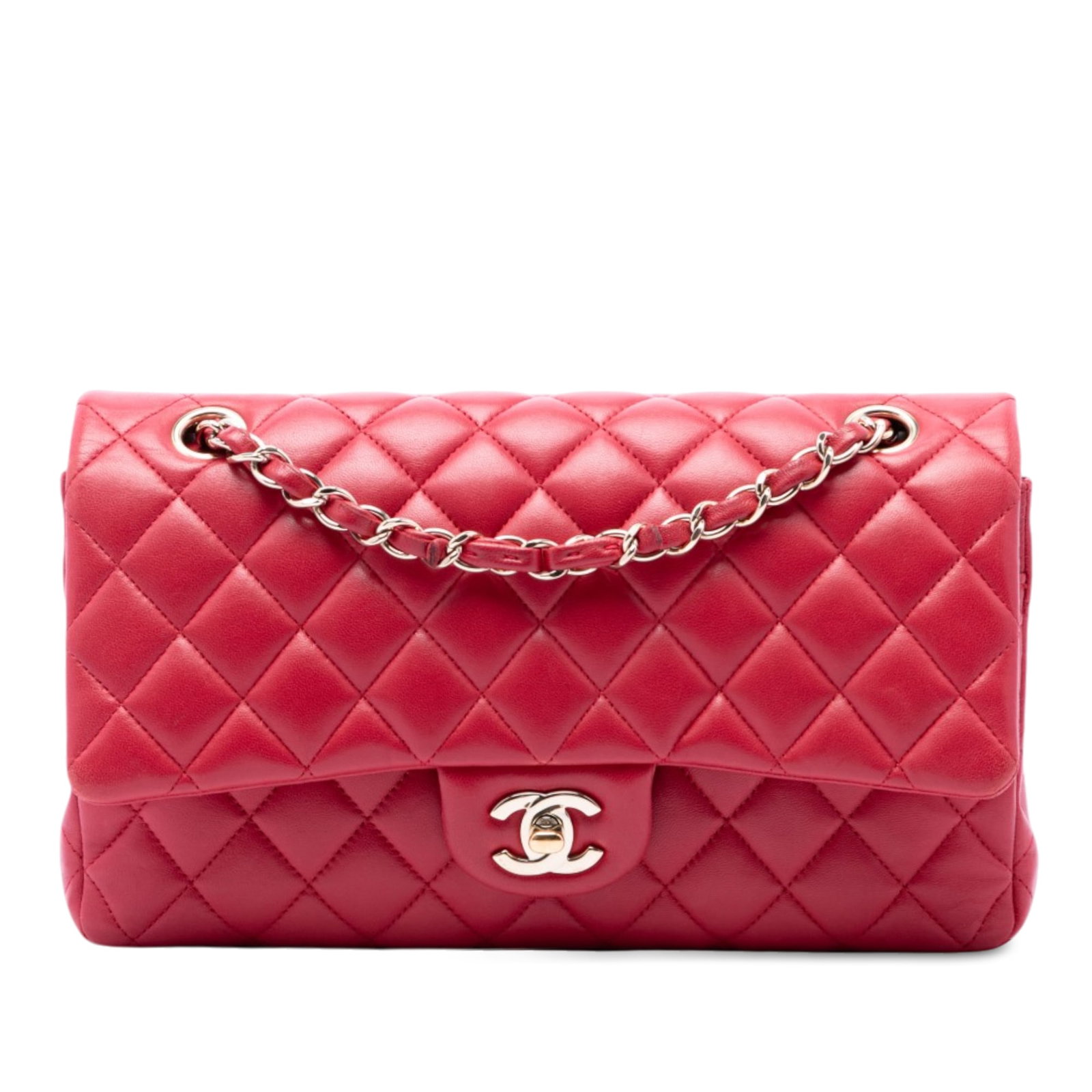 Chanel Medium Classic Double Flap Red Lambskin Shoulder Bag: Chanel Medium Classic Double Flap Red Lambskin Shoulder Bag A Chanel Medium Classic Lambskin Double Flap shoulder bag in red quilted lambskin. This bag features a back slip pocket, leather-woven chain