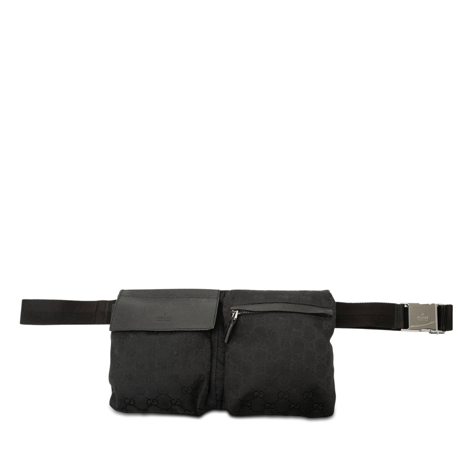 Gucci GG Canvas Belt Bag with Double Front Pockets: Gucci GG Canvas Belt Bag with Double Front Pockets Gucci GG Canvas Double Pocket belt bag with a canvas body, adjustable waist strap, exterior front flap and zip compartments, and an exterior back zip