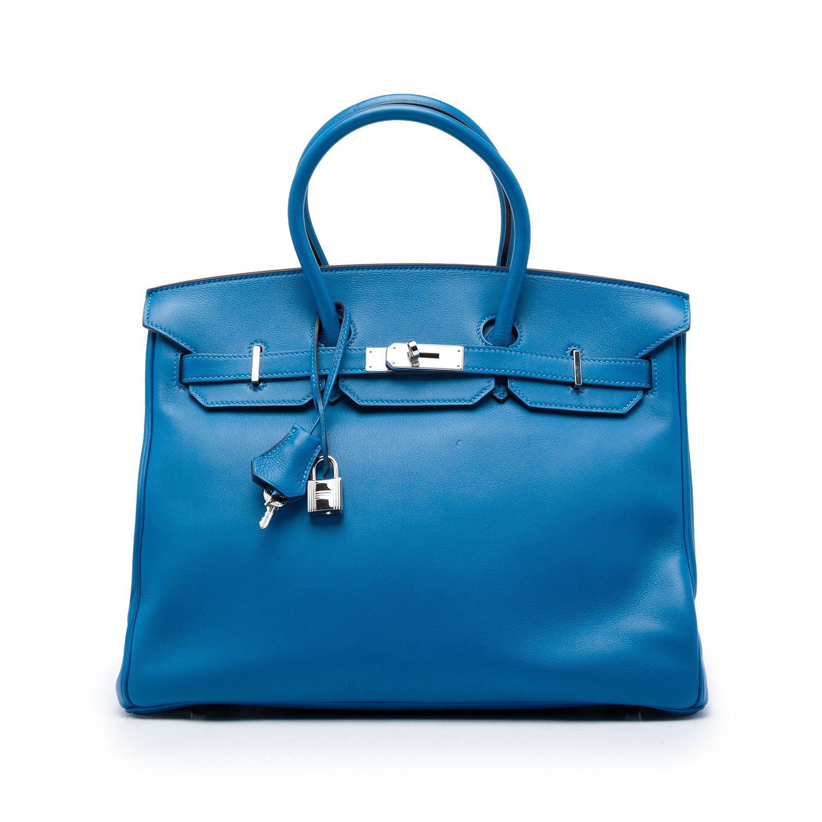Hermes Birkin Retourne 35 Swift Leather Bag Bleu France: Hermes Birkin Retourne 35 Swift Leather Bag Bleu France This Hermes Birkin Retourne 35 is crafted in Bleu France Swift leather with rolled leather handles, a front flap with strap and turn-lock closur