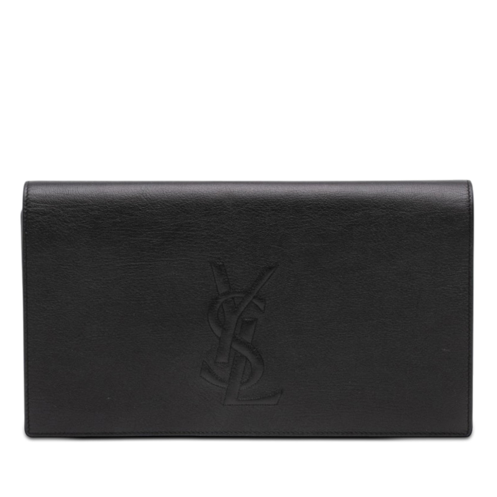 Saint Laurent Belle De Jour Large Black Leather Clutch: Saint Laurent Belle De Jour Large Black Leather Clutch A Saint Laurent Belle De Jour clutch crafted in black calfskin leather with the signature monogram design. This large clutch features a front fla