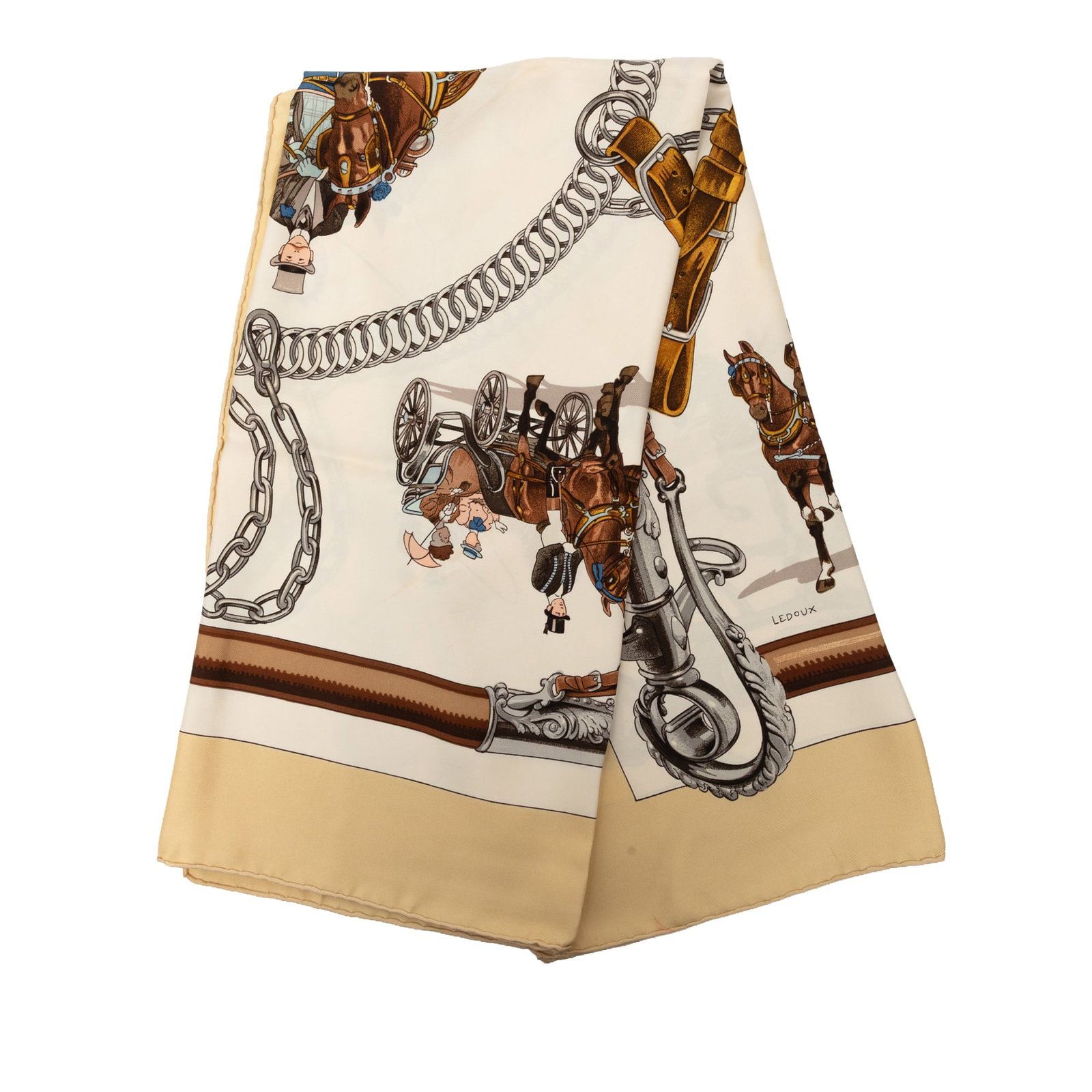 Hermes Equipages 90 silk scarf in white: Hermes Equipages 90 silk scarf in white Hermes Equipages Silk Scarf 90 in white, crafted from 100% silk and made in France. This scarf features the Equipages print and shows visible wear including dis