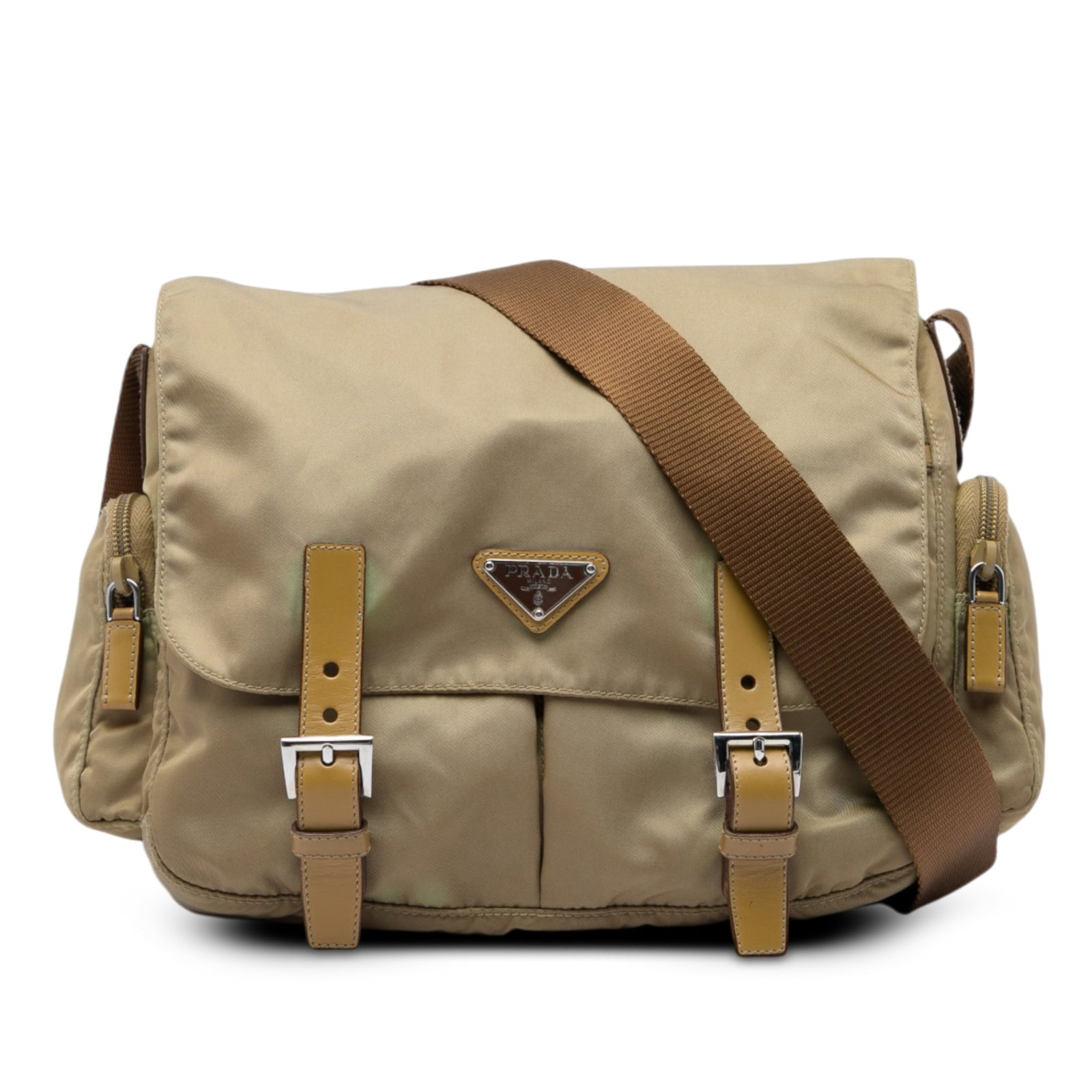 Prada Tessuto Double Buckle Crossbody Messenger Bag Beige Nylon (1 of 12)