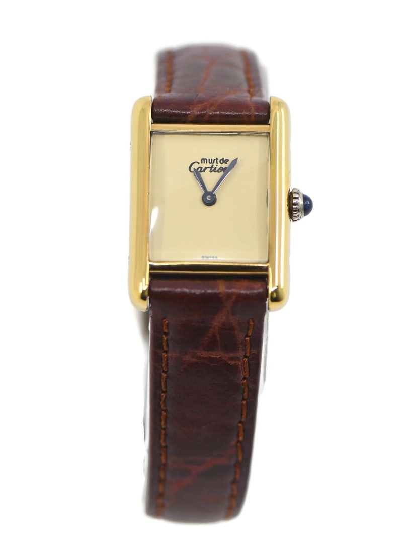 Cartier Must Women's Manual Wristwatch Gold Plated Leather Band: Cartier Must Women's Manual Wristwatch Gold Plated Leather Band Pre-owned Cartier Must wristwatch with a manual mechanical movement and analog display. This women's watch features a gold plated case, 