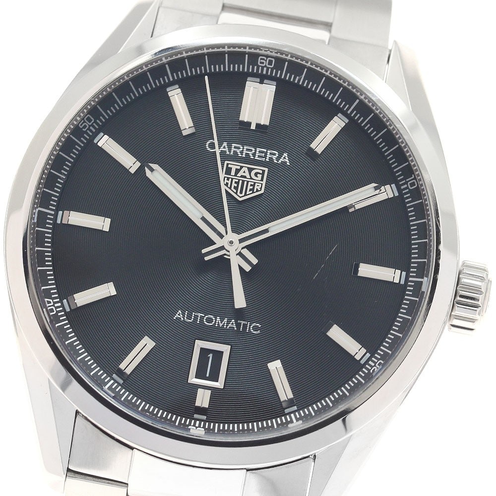 TAG Heuer Carrera Calibre 5 Automatic Date Watch WBN2110 Mens: TAG Heuer Carrera Calibre 5 Automatic Date Watch WBN2110 Mens TAG Heuer Carrera Calibre 5 Date automatic men's wristwatch with a black dial and stainless steel case and bracelet. This watch-only offer