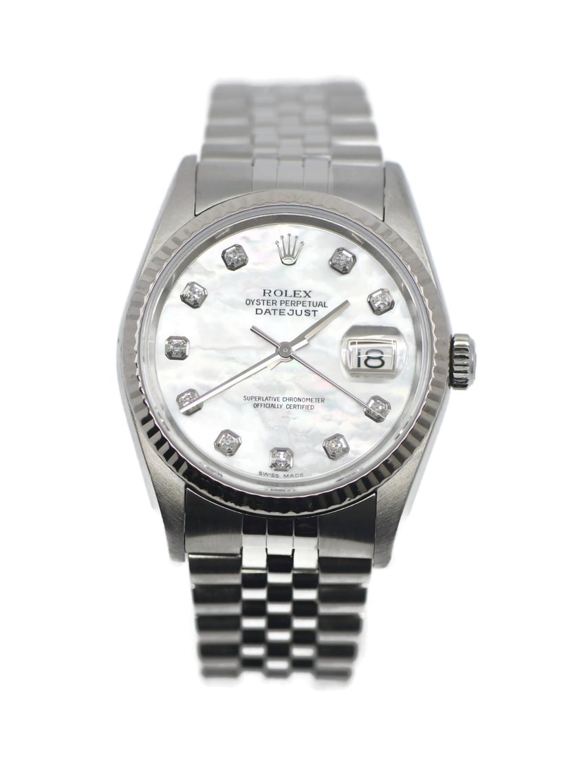 Rolex Datejust 16234 mens stainless steel diamond dial wristwatch: Rolex Datejust 16234 mens stainless steel diamond dial wristwatch Pre-owned Rolex Datejust ref. 16234 wristwatch with a stainless steel case and Jubilee bracelet. This automatic watch features diamond