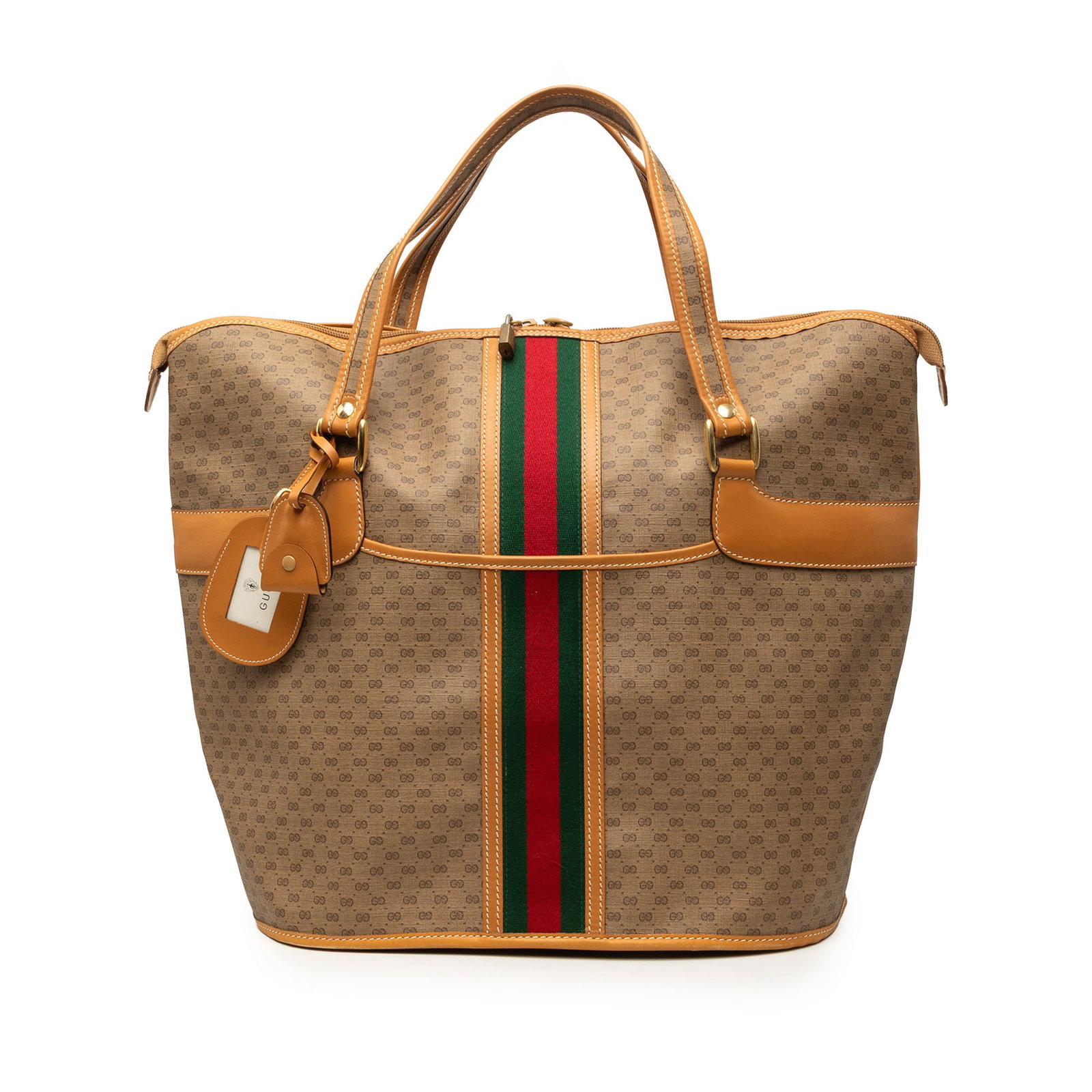 Gucci Micro GG Supreme Tote Bag with Web Stripe Brown: Gucci Micro GG Supreme Tote Bag with Web Stripe Brown Gucci Micro GG Supreme Web Tote in brown with a coated canvas body, leather trim, and signature web detail. This zip-top tote is made in Italy and