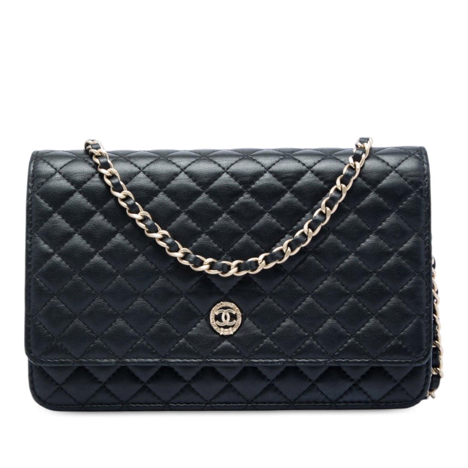 Chanel Crest Wallet On Chain quilted lambskin crossbody bag: Chanel Crest Wallet On Chain quilted lambskin crossbody bag Chanel Quilted Lambskin Crest Wallet On Chain in black leather with a quilted body and leather-woven chain strap. The design features a top 