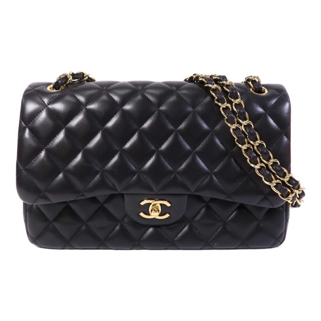 CHANEL Large Classic CC Shoulder Bag Black Lambskin GHW: CHANEL Large Classic CC Shoulder Bag Black Lambskin GHW A CHANEL large classic chain shoulder bag in black lambskin leather with gold-tone hardware. It features a turn-lock closure, a black frame colo