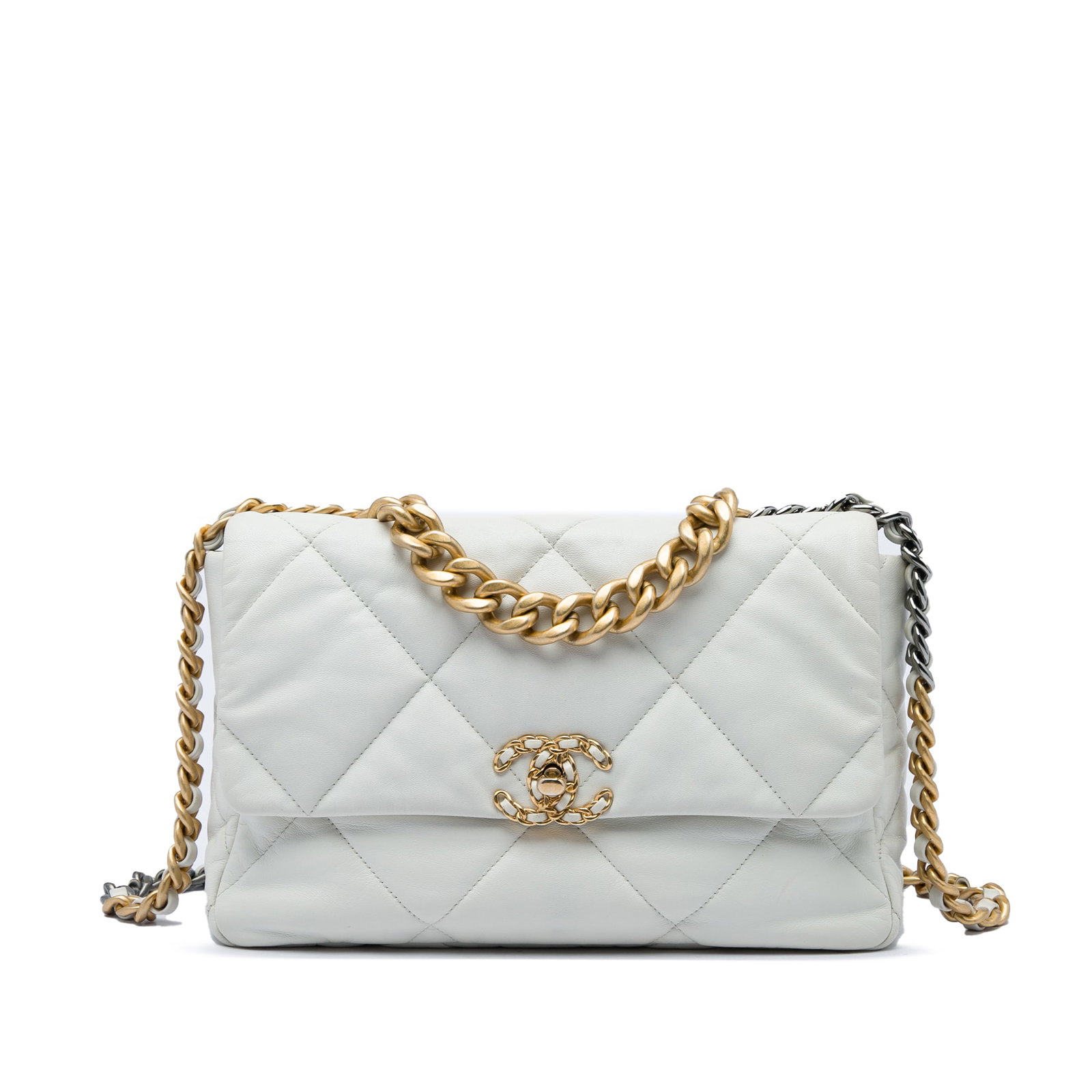 Chanel 19 Large Flap Shoulder Bag White Lambskin: Chanel 19 Large Flap Shoulder Bag White Lambskin Chanel Large 19 Flap bag in white quilted lambskin leather. This bag features a chain link handle, a leather-woven chain shoulder strap with leather gu