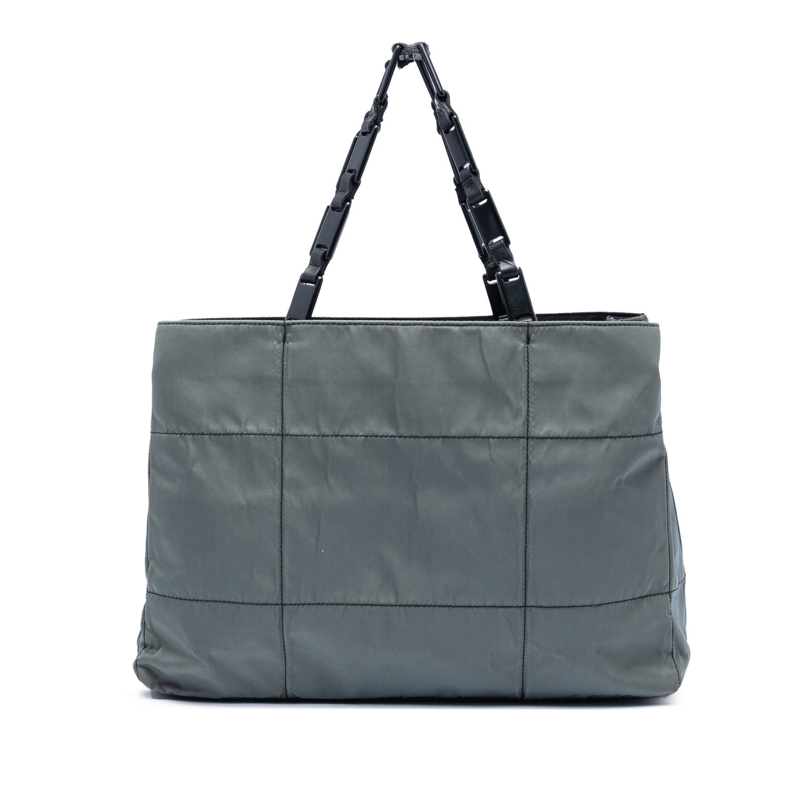 Prada Impuntu Tessuto gray quilted nylon chain tote bag: Prada Impuntu Tessuto gray quilted nylon chain tote bag Prada Impuntu Tessuto Chain Tote in gray with a quilted fabric body and plastic chain straps. The bag features an open top, an interior zip comp