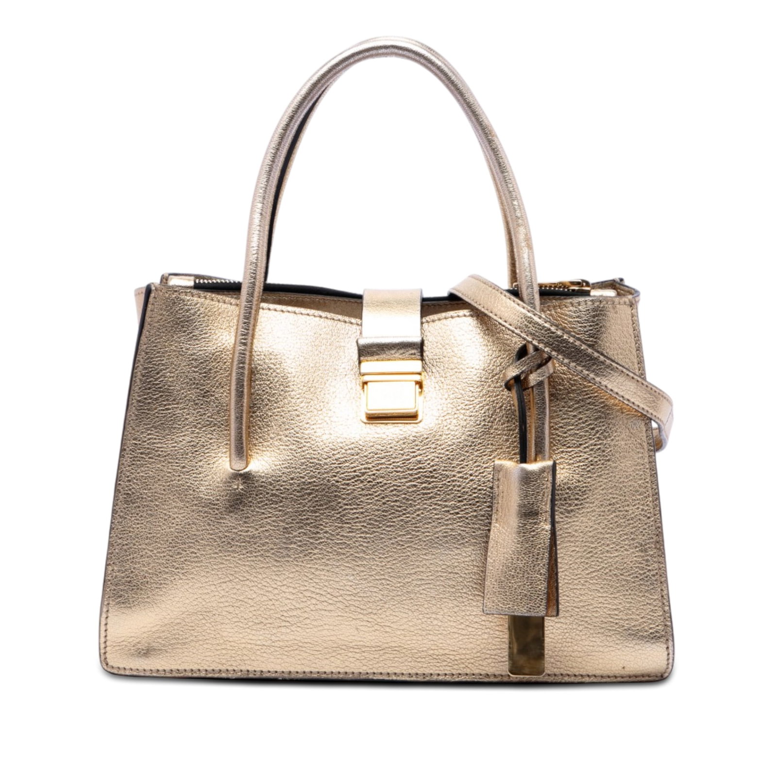 Miu Miu Madras Push Lock Metallic Goatskin Leather Satchel: Miu Miu Madras Push Lock Metallic Goatskin Leather Satchel Metallic goatskin leather tote with rolled leather handles, a detachable flat leather strap, and a flap tab with push lock closure. The bag i