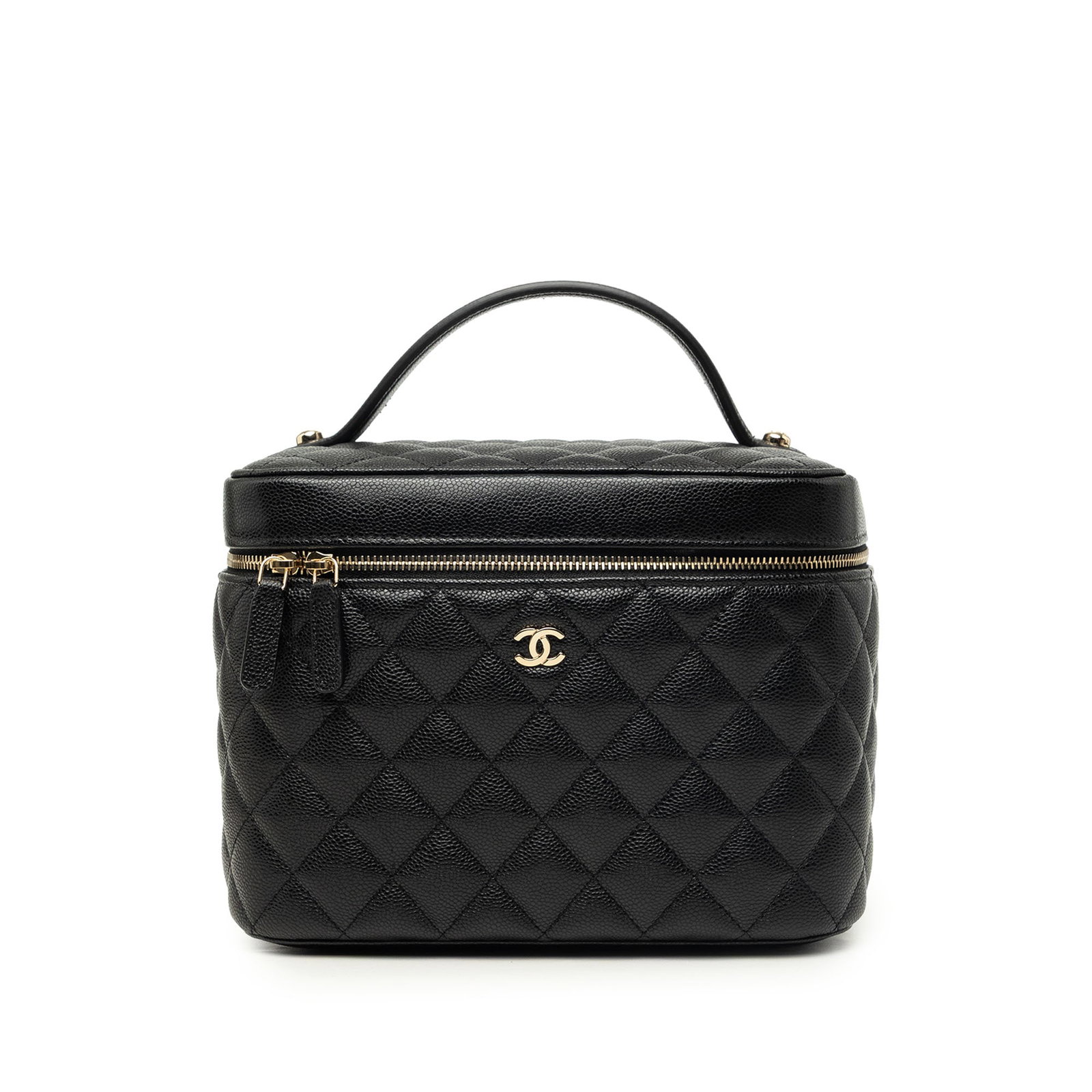 Chanel Medium CC Vanity Case Black Quilted Caviar Leather: Chanel Medium CC Vanity Case Black Quilted Caviar Leather Chanel Medium CC Quilted Caviar Vanity Case in black quilted caviar leather. This vanity bag features a flat leather top handle, a zip-around 