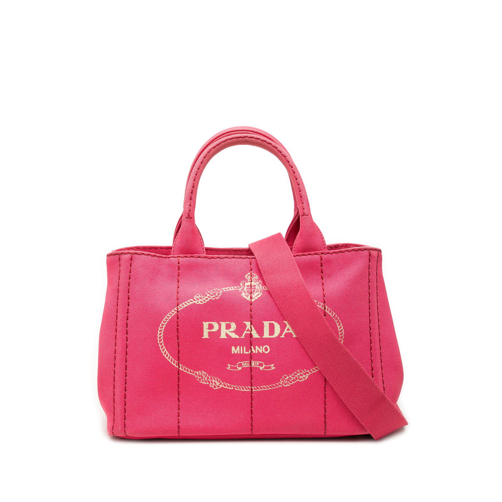 Prada Canapa Logo Tote Small Pink Canvas Satchel: Prada Canapa Logo Tote Small Pink Canvas Satchel Prada Small Canapa Logo Tote in pink canvas with rolled handles and a detachable, adjustable flat canvas strap. The open-top design includes side snap 