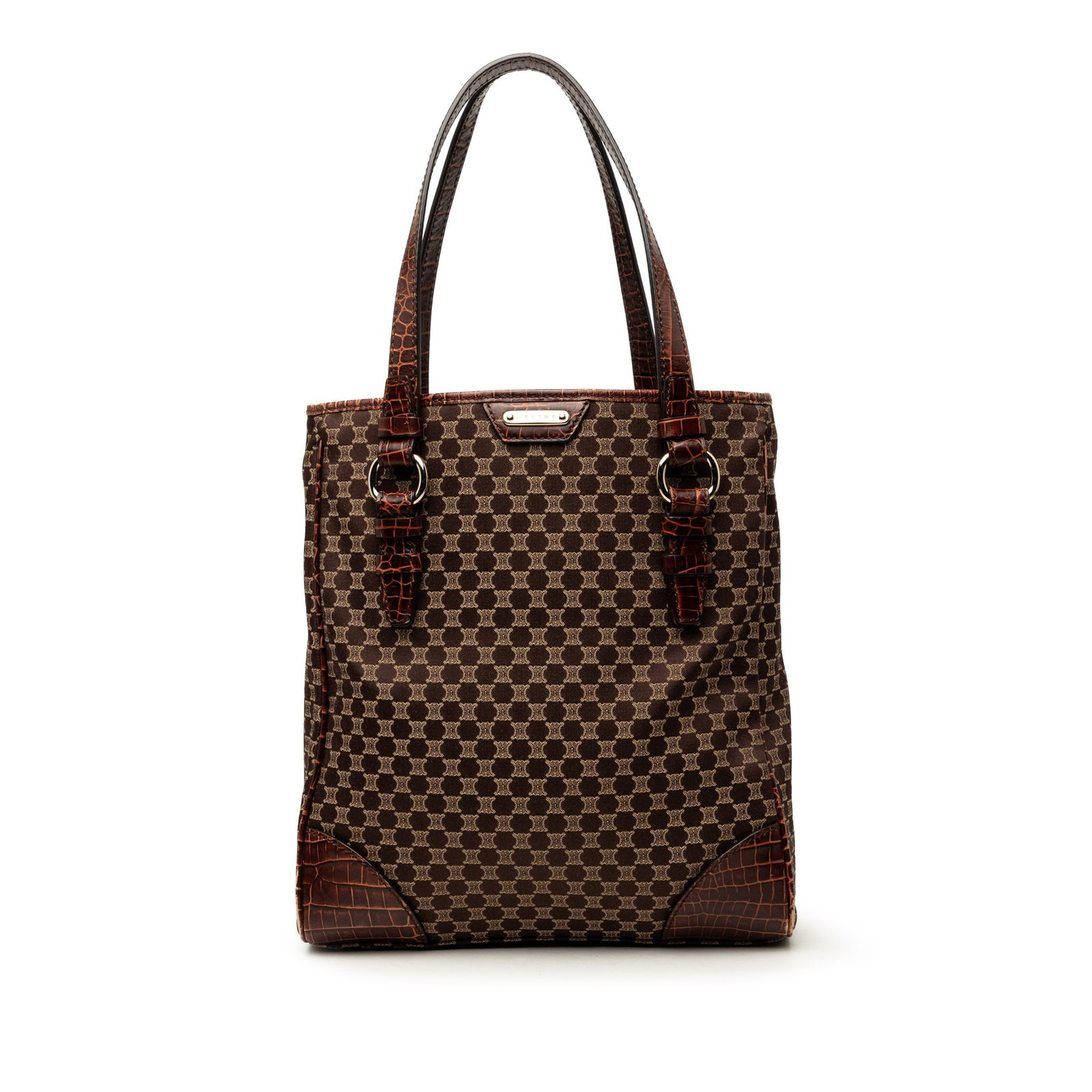 Celine Macadam Canvas Tote with Croc Embossed Leather Trim: Celine Macadam Canvas Tote with Croc Embossed Leather Trim Celine Macadam canvas tote with croc-embossed leather trim and matching flat leather straps. The open-top design includes an interior zip poc