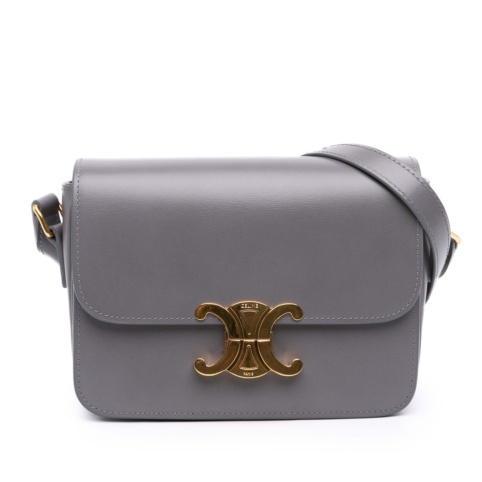 Celine Triomphe Teen leather crossbody bag gray: Celine Triomphe Teen leather crossbody bag gray A Celine Teen Triomphe crossbody bag crafted in shiny calfskin leather with a structured silhouette. It features a flat leather shoulder strap, a front 