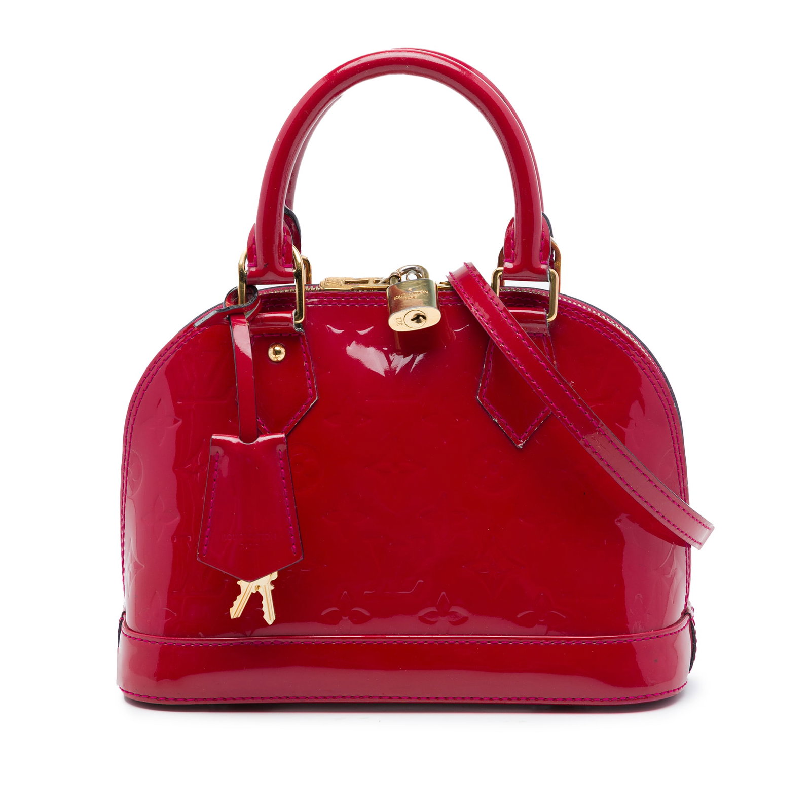 Louis Vuitton Alma BB Monogram Vernis Pink Leather Handbag: Louis Vuitton Alma BB Monogram Vernis Pink Leather Handbag A compact Louis Vuitton Alma BB handbag crafted in pink Monogram Vernis leather. It features rolled top handles, a detachable flat leather st