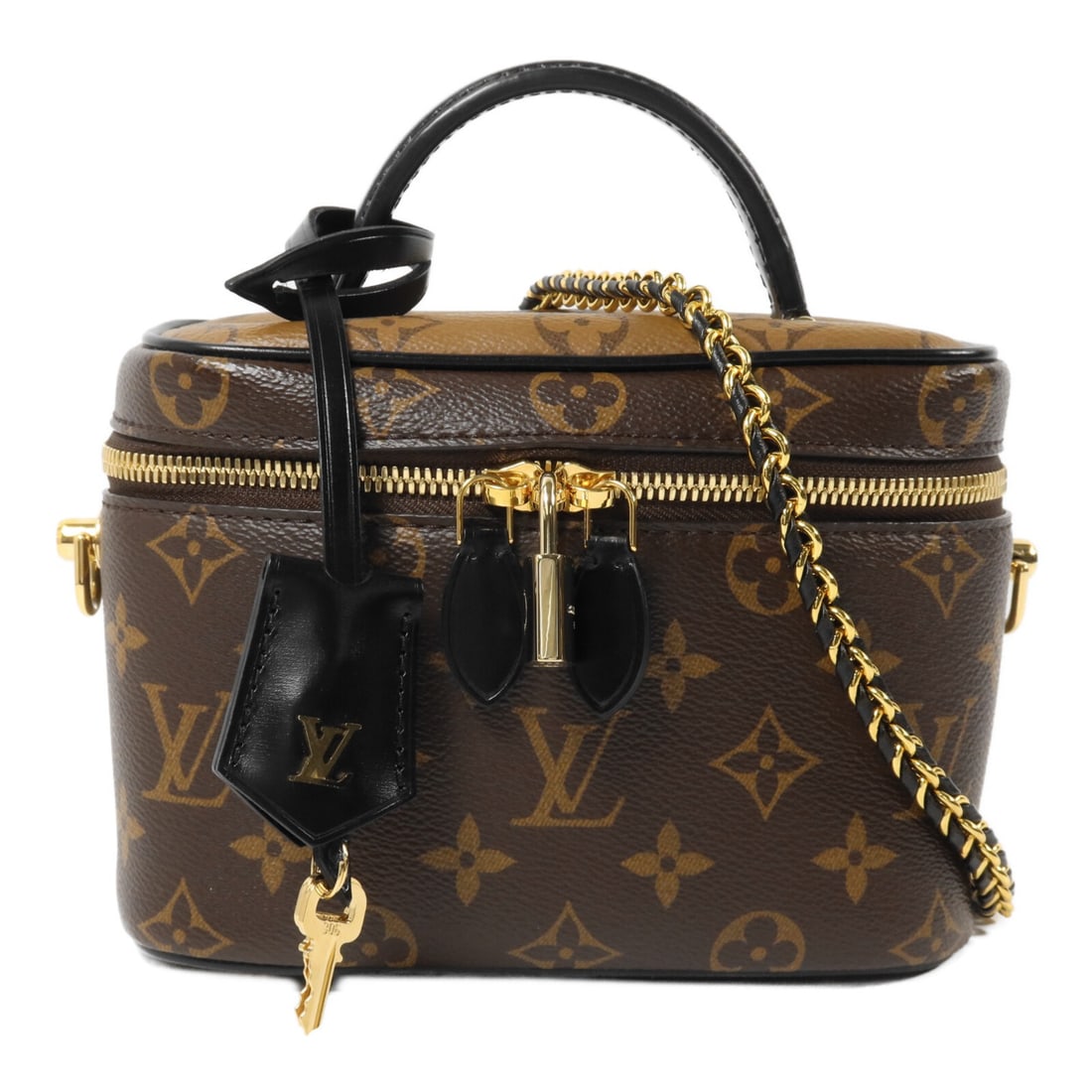 Louis Vuitton M45165 Vanity PM 2way Shoulder Bag Monogram Reverse: Louis Vuitton M45165 Vanity PM 2way Shoulder Bag Monogram Reverse Louis Vuitton Vanity PM chain shoulder bag in Monogram Reverse coated canvas with a brown exterior. This women's 2-way bag features a 