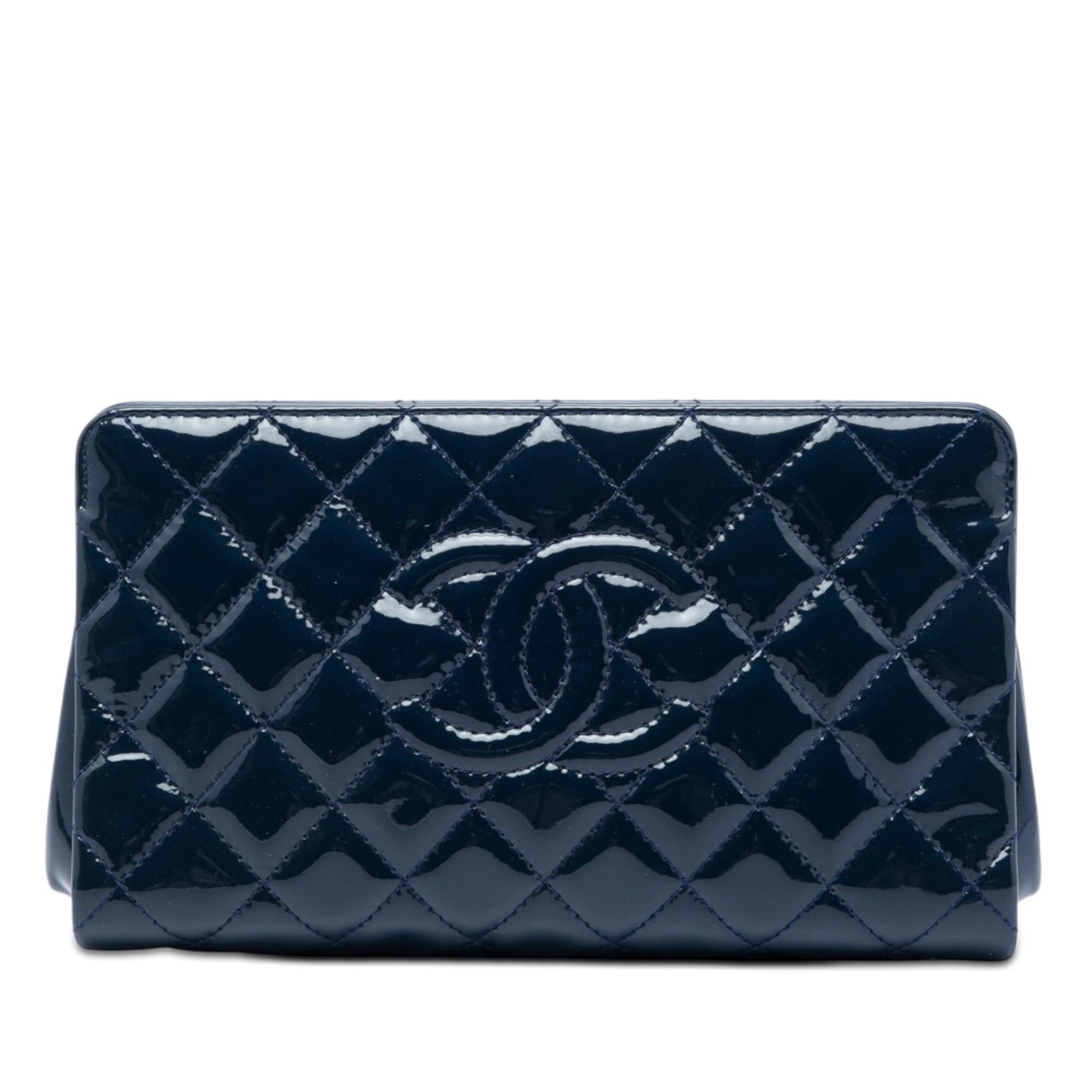 Chanel Timeless CC Patent Leather Quilted Clutch Blue: Chanel Timeless CC Patent Leather Quilted Clutch Blue A Chanel Timeless clutch crafted in blue quilted patent leather. It features an open top with a magnetic snap closure and an interior zip pocket. 