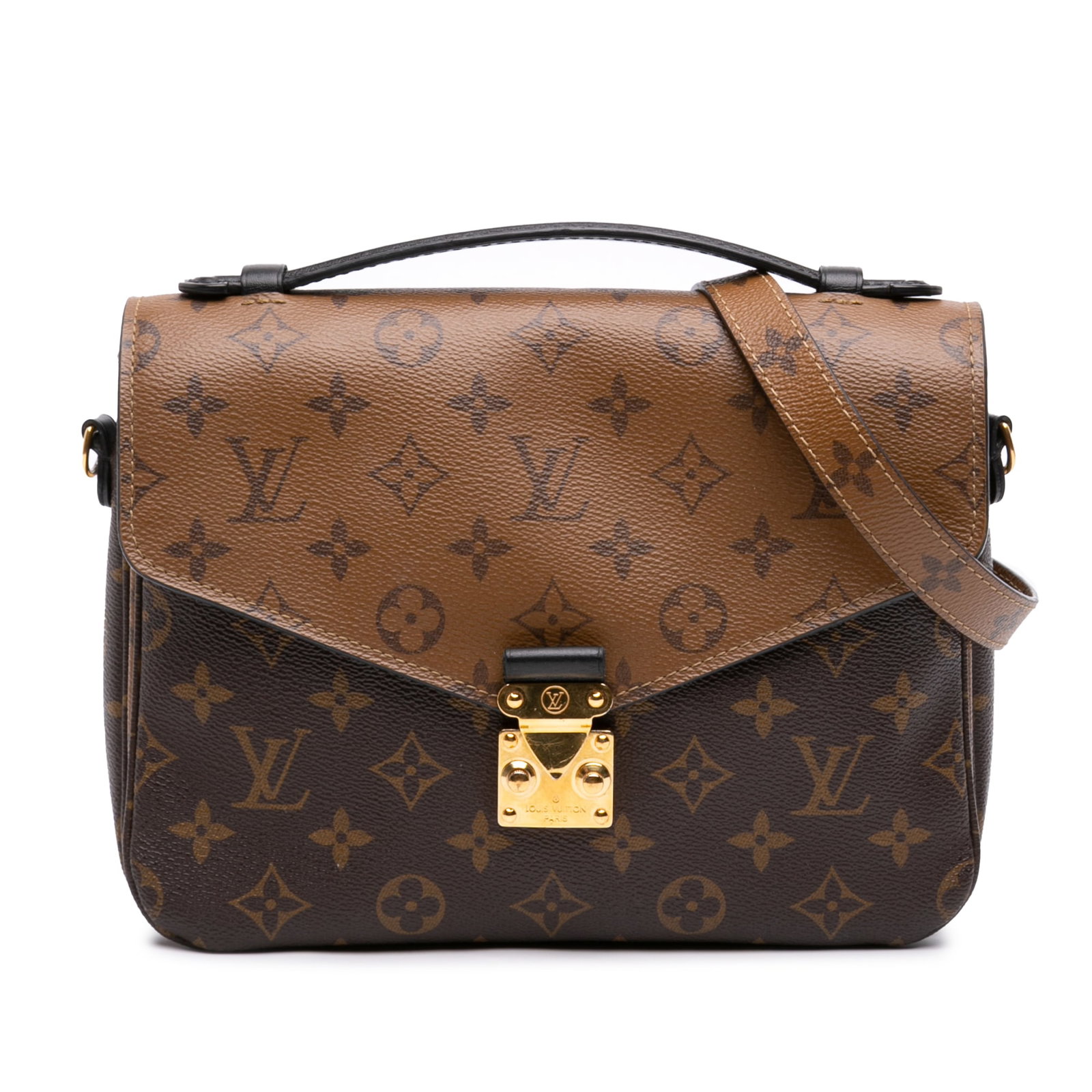 Louis Vuitton Pochette Metis Monogram Reverse Shoulder Bag: Louis Vuitton Pochette Metis Monogram Reverse Shoulder Bag A Louis Vuitton Monogram Reverse Pochette Metis handbag crafted with a monogram canvas body. It features a flat top handle, a detachable flat