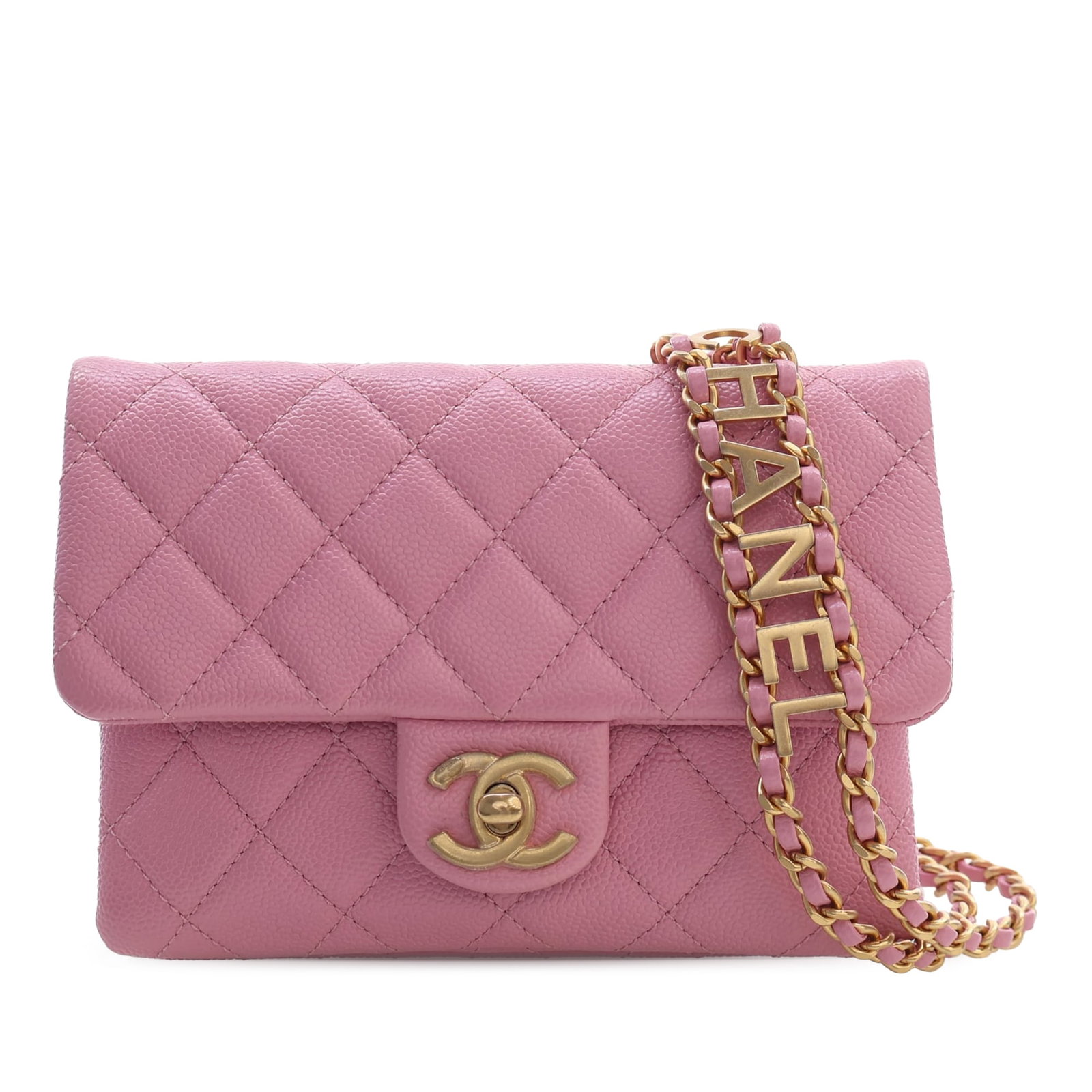 Chanel Pick Me Up Flap Belt Bag Pink Caviar Leather: Chanel Pick Me Up Flap Belt Bag Pink Caviar Leather A compact Chanel belt bag crafted in pink quilted caviar leather. This flap style features a leather-woven chain strap, gold-tone logo detail, a fro