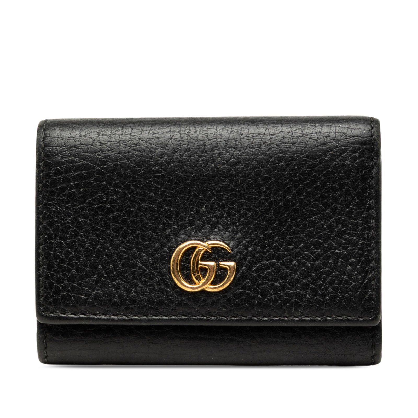 Gucci GG Marmont leather trifold wallet in black: Gucci GG Marmont leather trifold wallet in black Compact Gucci GG Marmont trifold wallet crafted in black leather with a front flap and snap button closure. The interior includes slip pockets, and the
