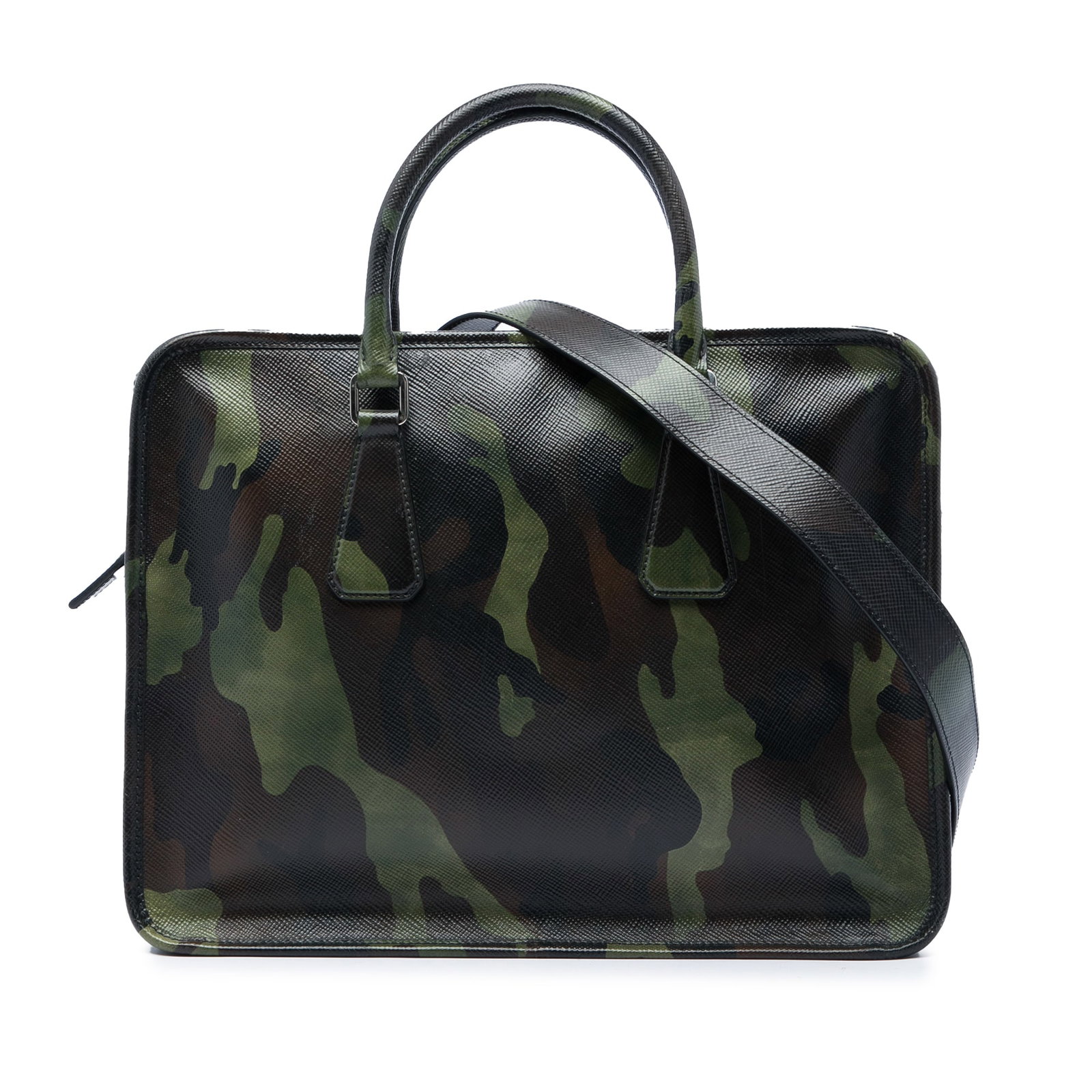 Prada Saffiano Leather Briefcase Blue Camouflage Print: Prada Saffiano Leather Briefcase Blue Camouflage Print Prada briefcase in blue printed camouflage Saffiano leather with rolled handles, a detachable flat strap, top zip closure, and interior zip and s