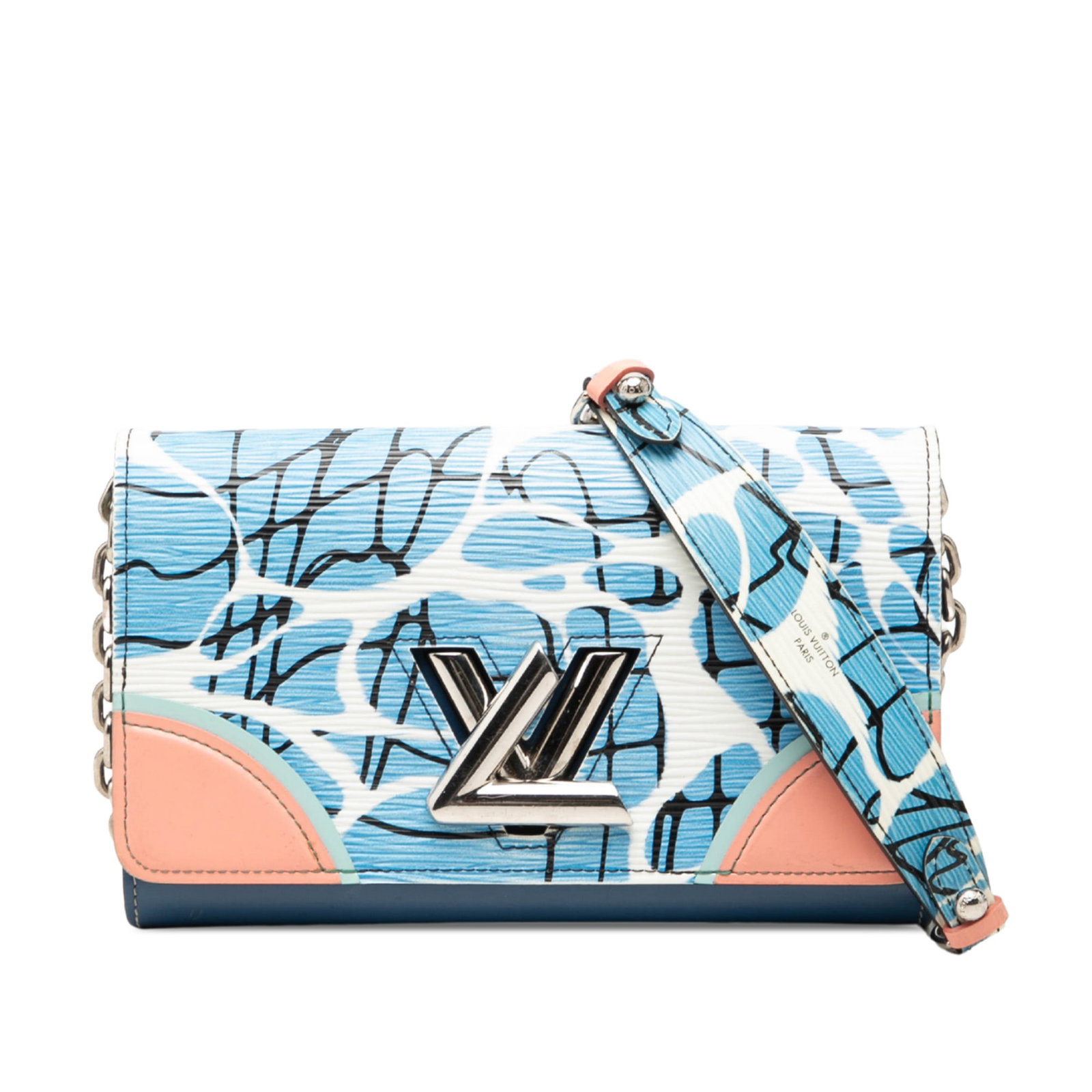 Louis Vuitton Twist Wallet on Chain Epi Leather Blue: Louis Vuitton Twist Wallet on Chain Epi Leather Blue Louis Vuitton Twist wallet on chain in blue Epi leather with a silver-tone chain strap and leather guard. The design features a front flap with LV 