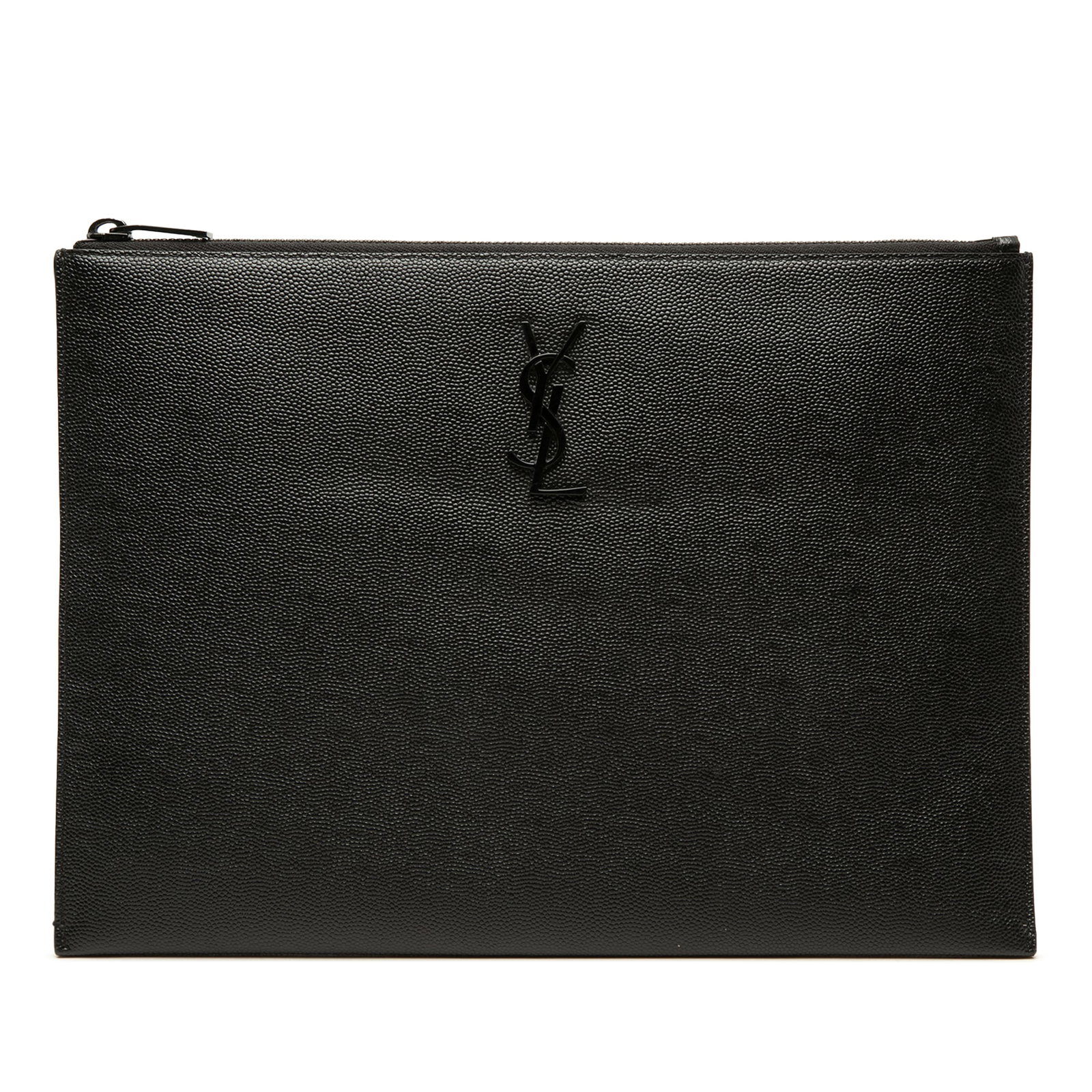 Saint Laurent Grain De Poudre leather iPad zip case: Saint Laurent Grain De Poudre leather iPad zip case Saint Laurent Grain De Poudre Monogram Monochrome iPad Case in black leather with a top zip closure and interior slip pockets. Made in Italy, this p